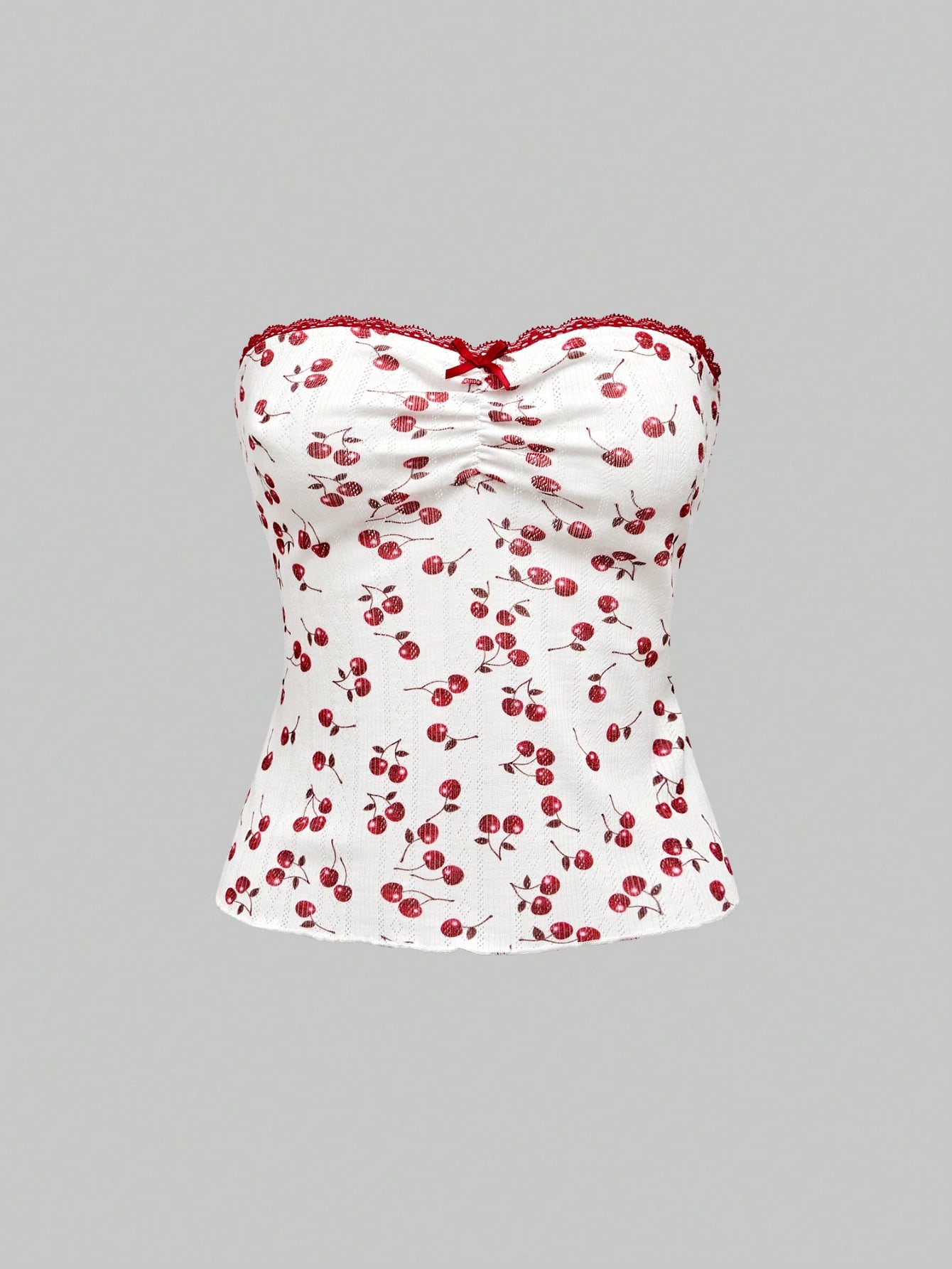 Kawaii 2pcs Set Women Sweet Lace Patchwork Cherry Pattern Bowknot Ruffle Hem Tube Top Jacket