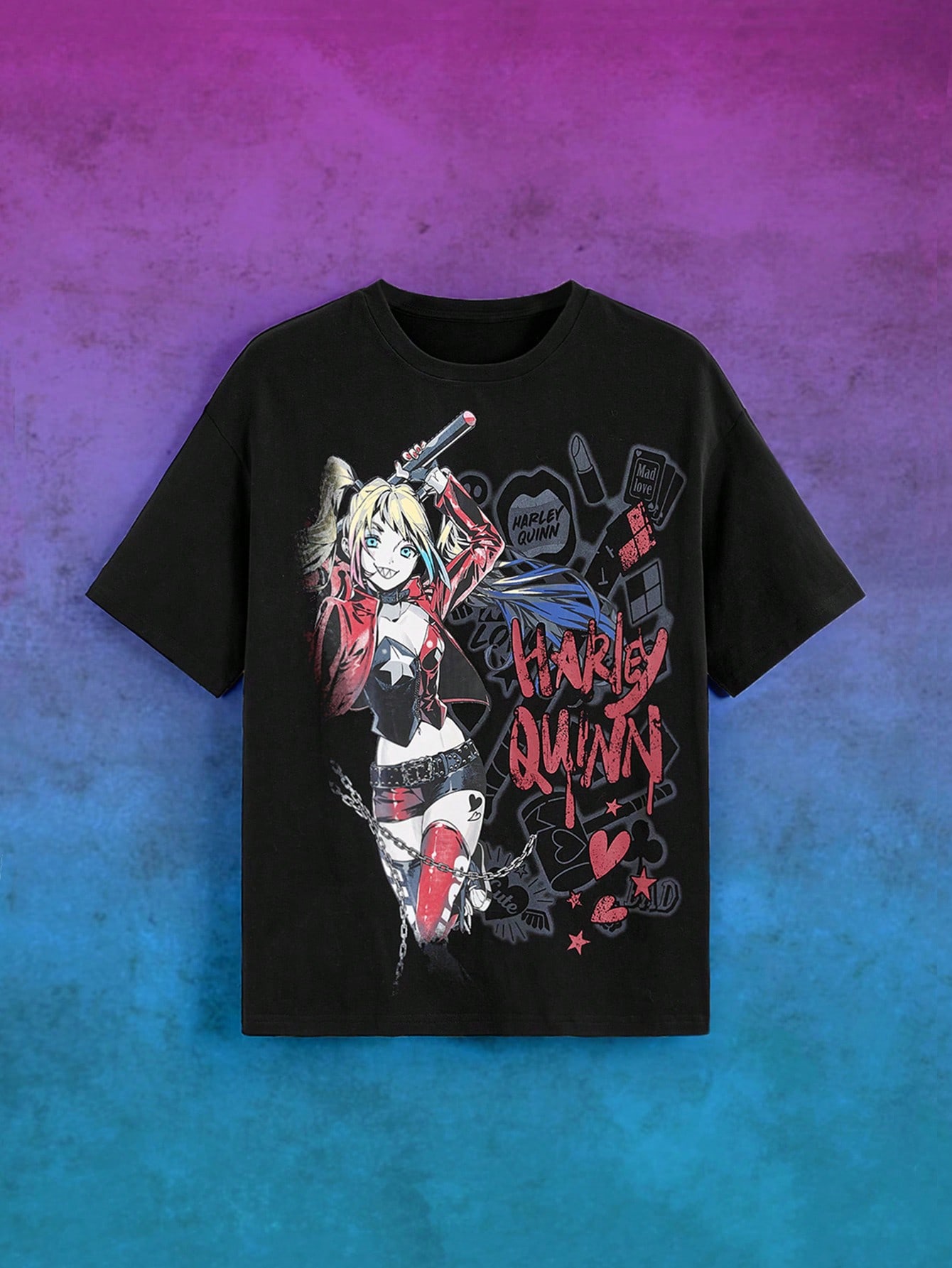 Harley Quinn | ROMWE Anime Character & Letter Print Oversized Drop Shoulder T-Shirt, Summer