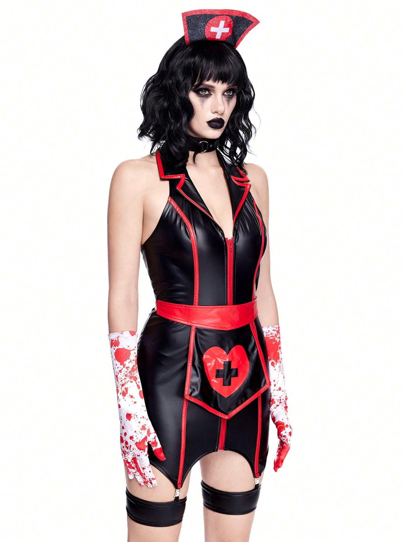ROMWE Avant Dark Halloween Cosplay Nurse Costume Skin-Tight PU Dress