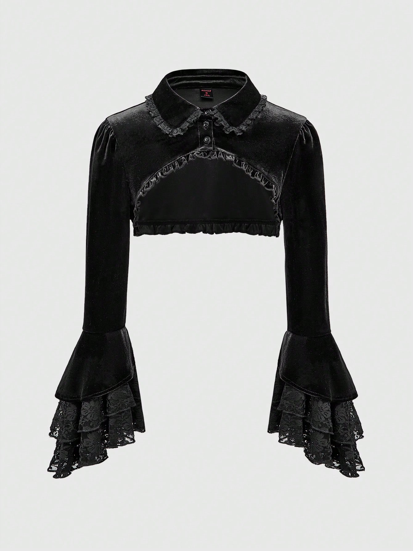 Goth Plus Size Vintage Velvet Gothic Style Contrast Lace Bell Sleeve Cropped Top, For Winter