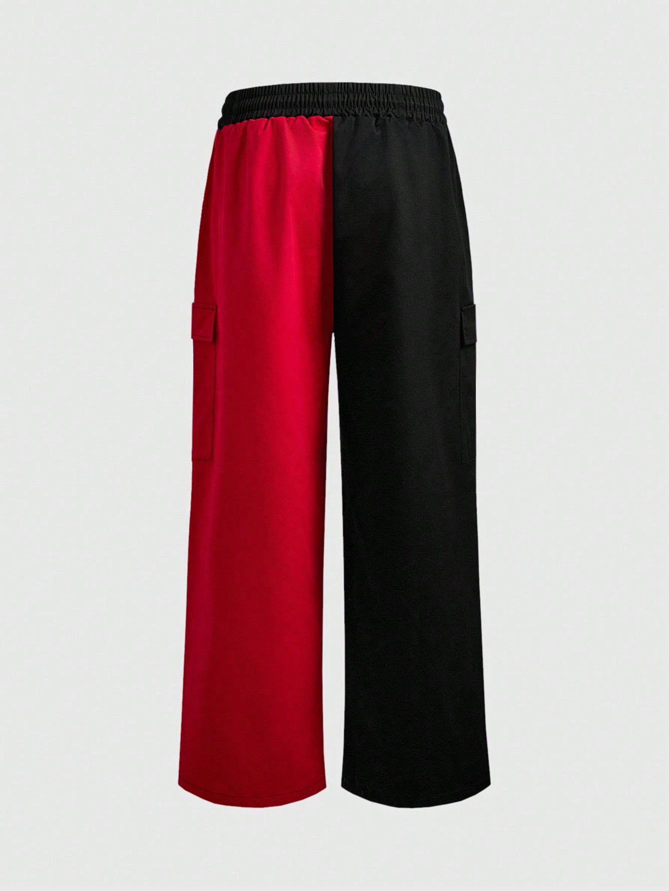 Harley Quinn | ROMWE Men's Casual Letter Print Two-Tone Drawstring Waist Slant Pocket Baggy Cargo Black And Red Pants