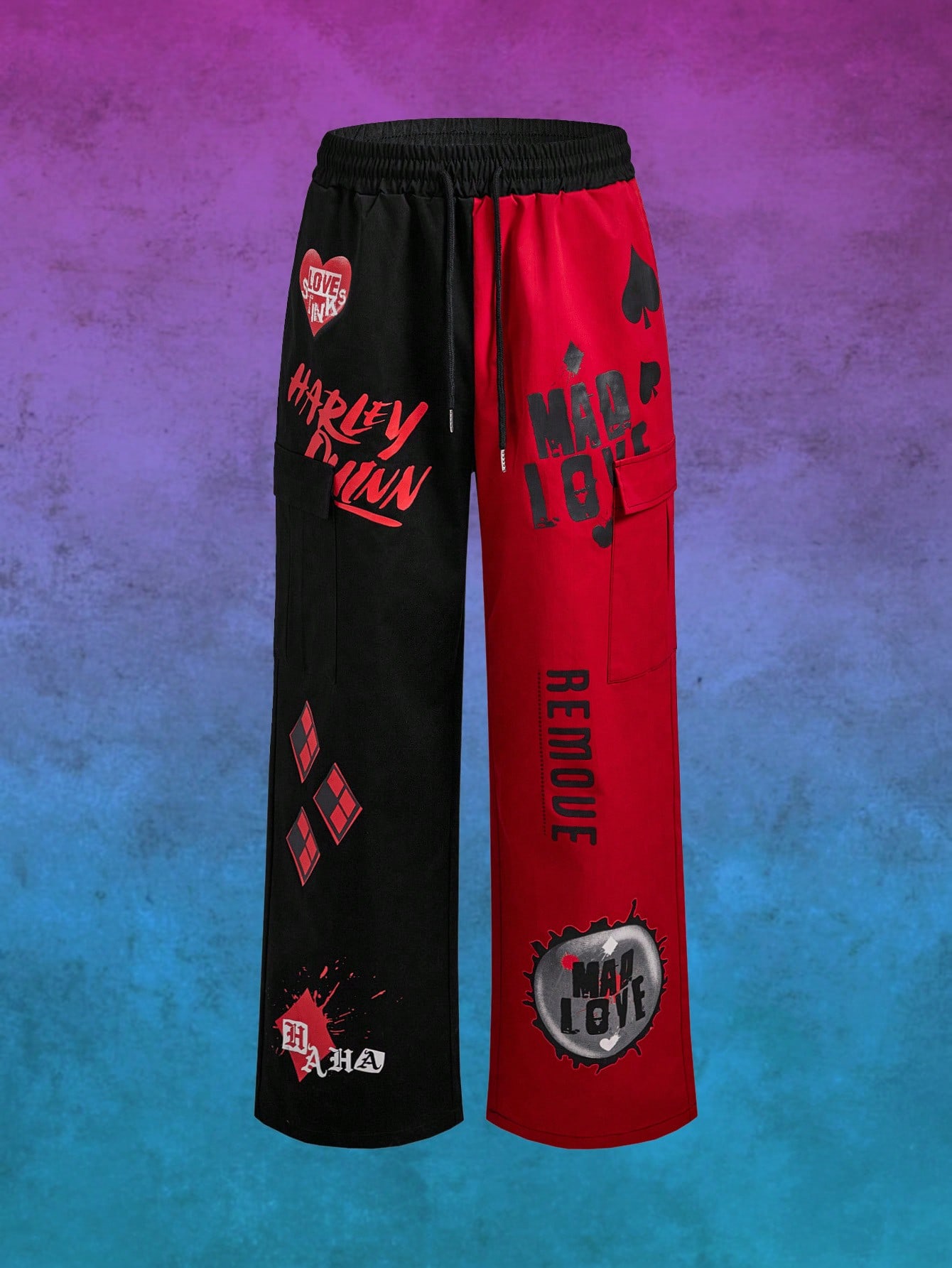 Harley Quinn | ROMWE Men's Casual Letter Print Two-Tone Drawstring Waist Slant Pocket Baggy Cargo Black And Red Pants