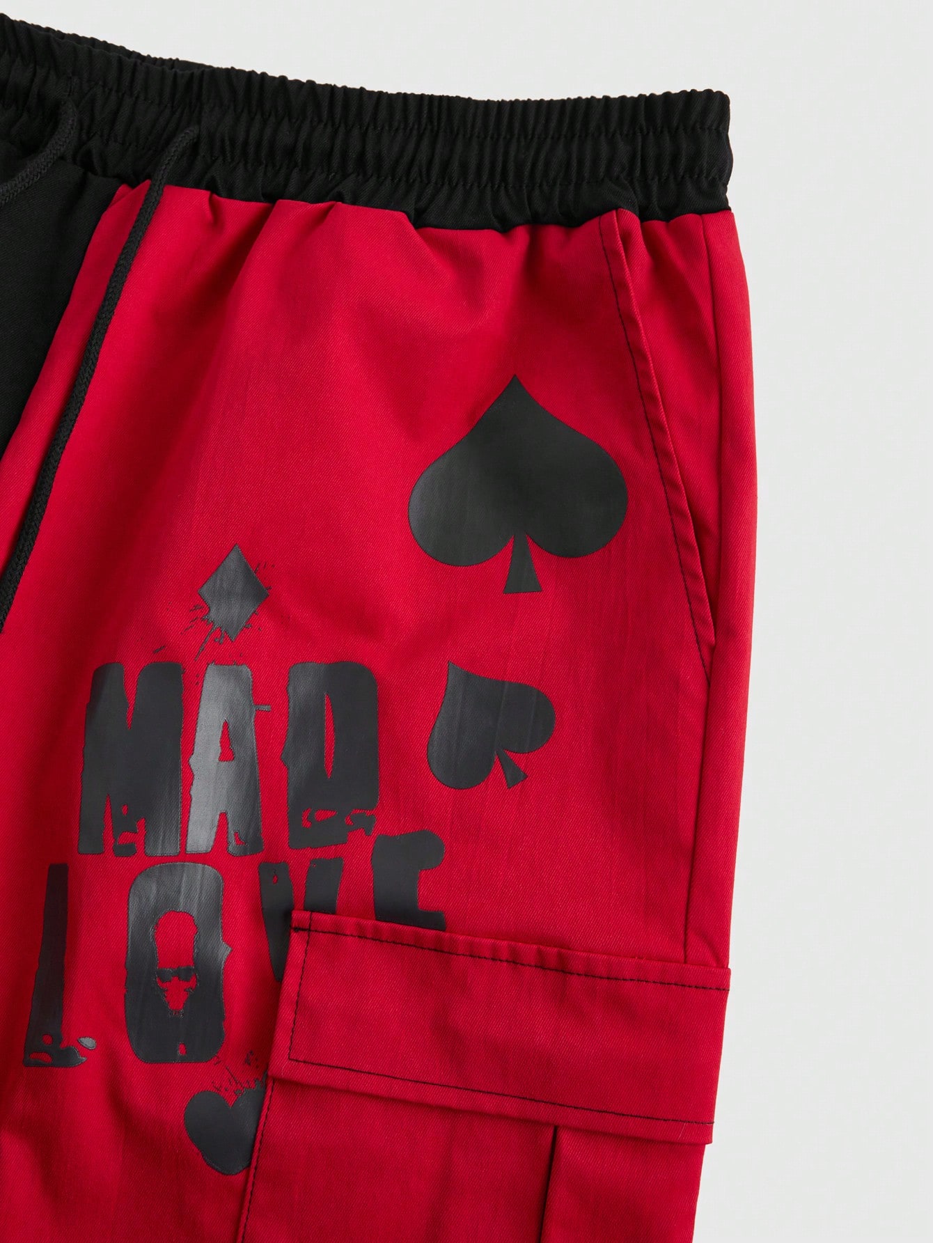 Harley Quinn | ROMWE Men's Casual Letter Print Two-Tone Drawstring Waist Slant Pocket Baggy Cargo Black And Red Pants