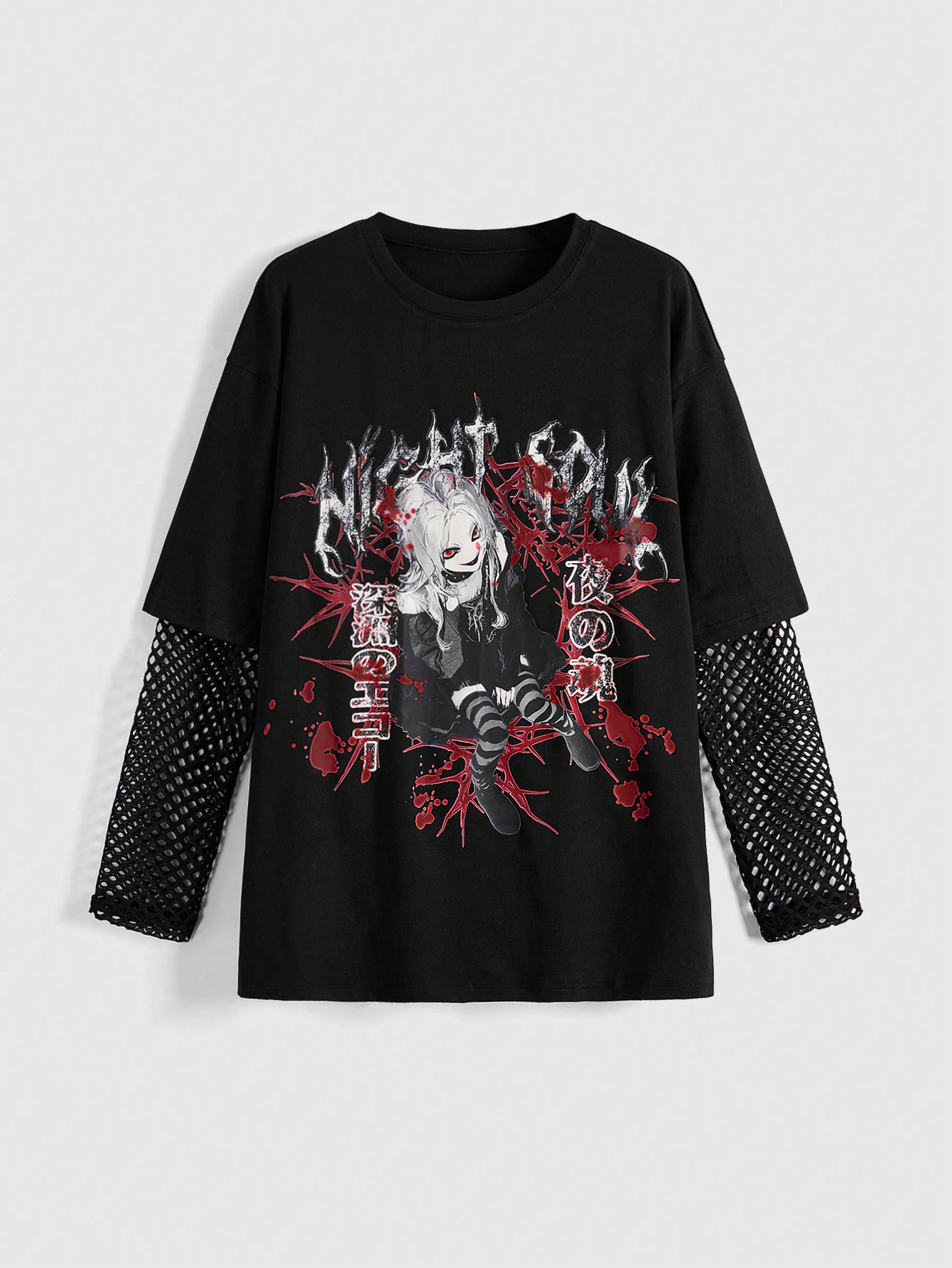 Anime Punk Anime Dark Gothic Monster Print Mesh Contrast 2 In 1 Women Long Sleeve T-Shirt
