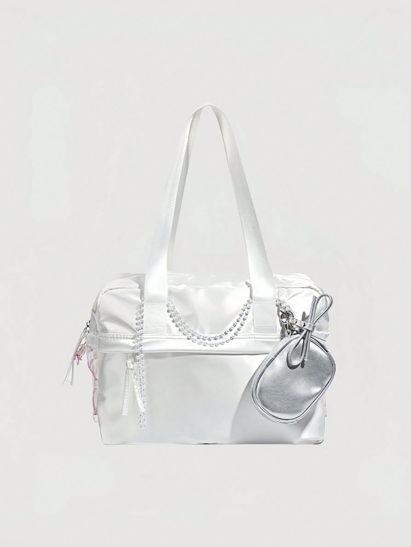 Kawaii Women's Fashionable Urban Minimalist Tote Bag Outdoor Casual Versatile Commuter Large Capacity Shoulder Bag With Pearl Chain Strap Clutch
