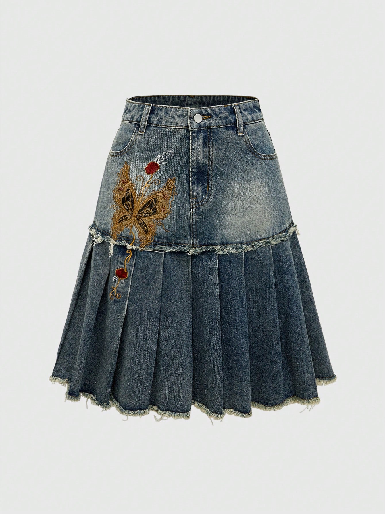 Hippie Embroidered Vintage High Waist Denim Skirt With Ruffled Hem, Unique Butterfly Shiny Decor, Bohemian Style