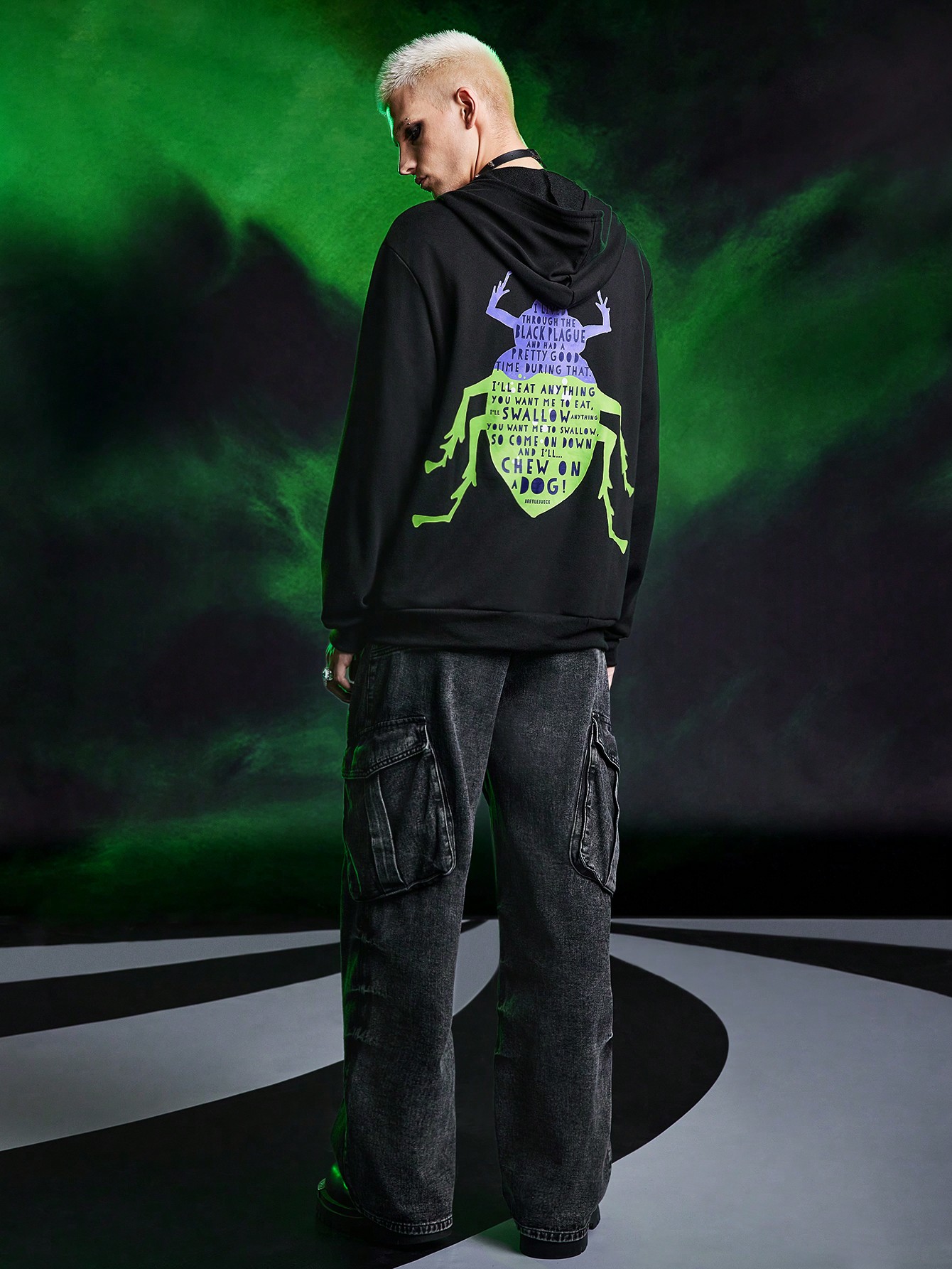 Beetlejuice | ROMWE Men's Street Dark Style Letter & Insect Print Dropped Shoulder Loose Zip-Up Hoodie With Drawstring, Spring/Autumn