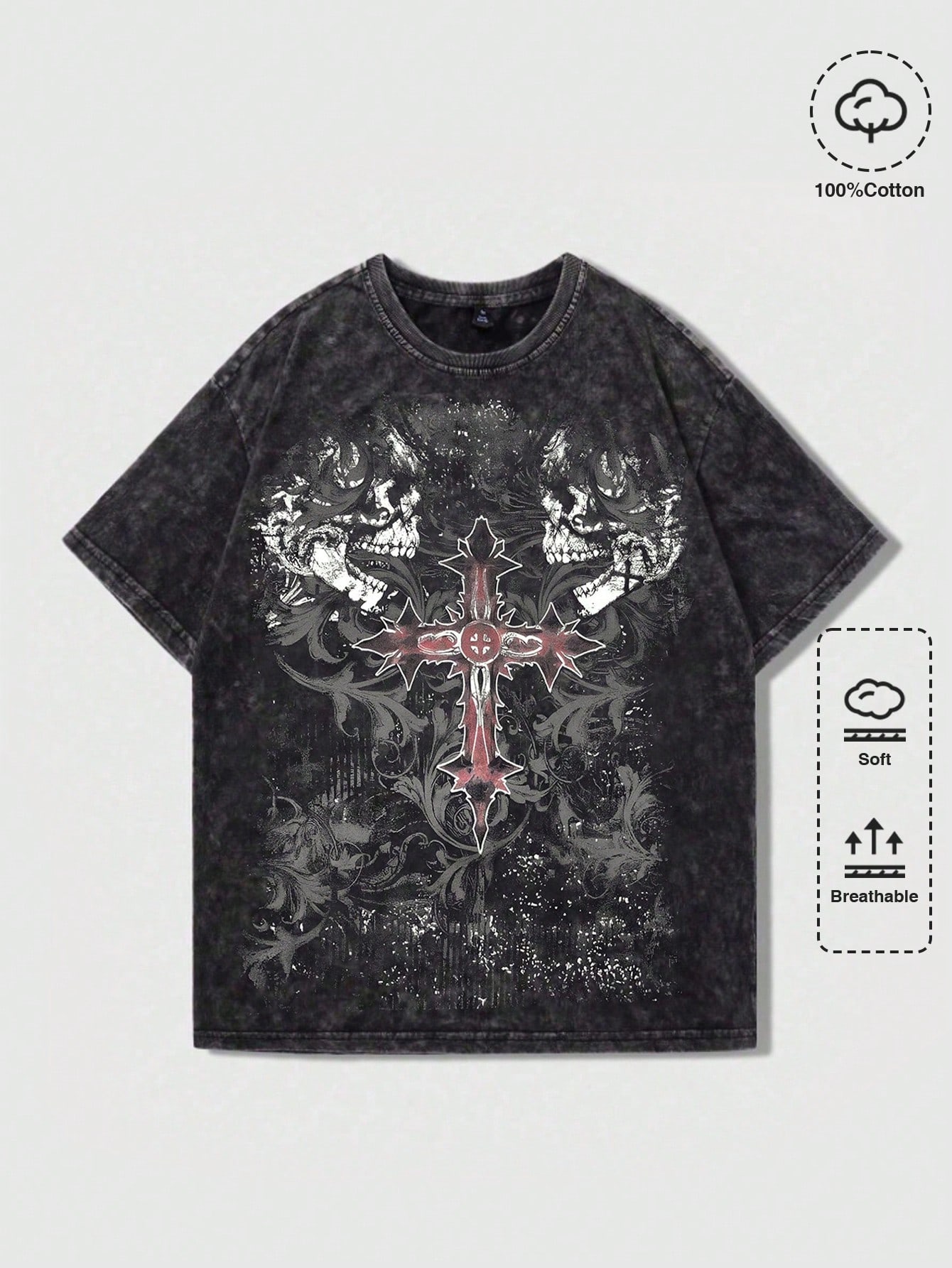 Grunge Punk Vintage Street Style Men's Cross Skull Printed Short Sleeve T-Shirt For Halloween, School