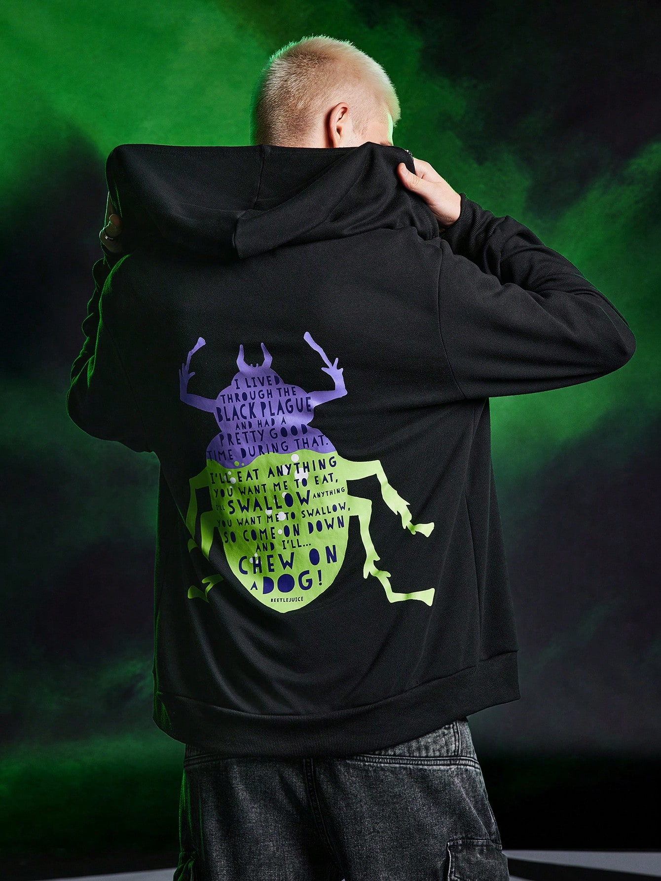 Beetlejuice | ROMWE Men's Street Dark Style Letter & Insect Print Dropped Shoulder Loose Zip-Up Hoodie With Drawstring, Spring/Autumn