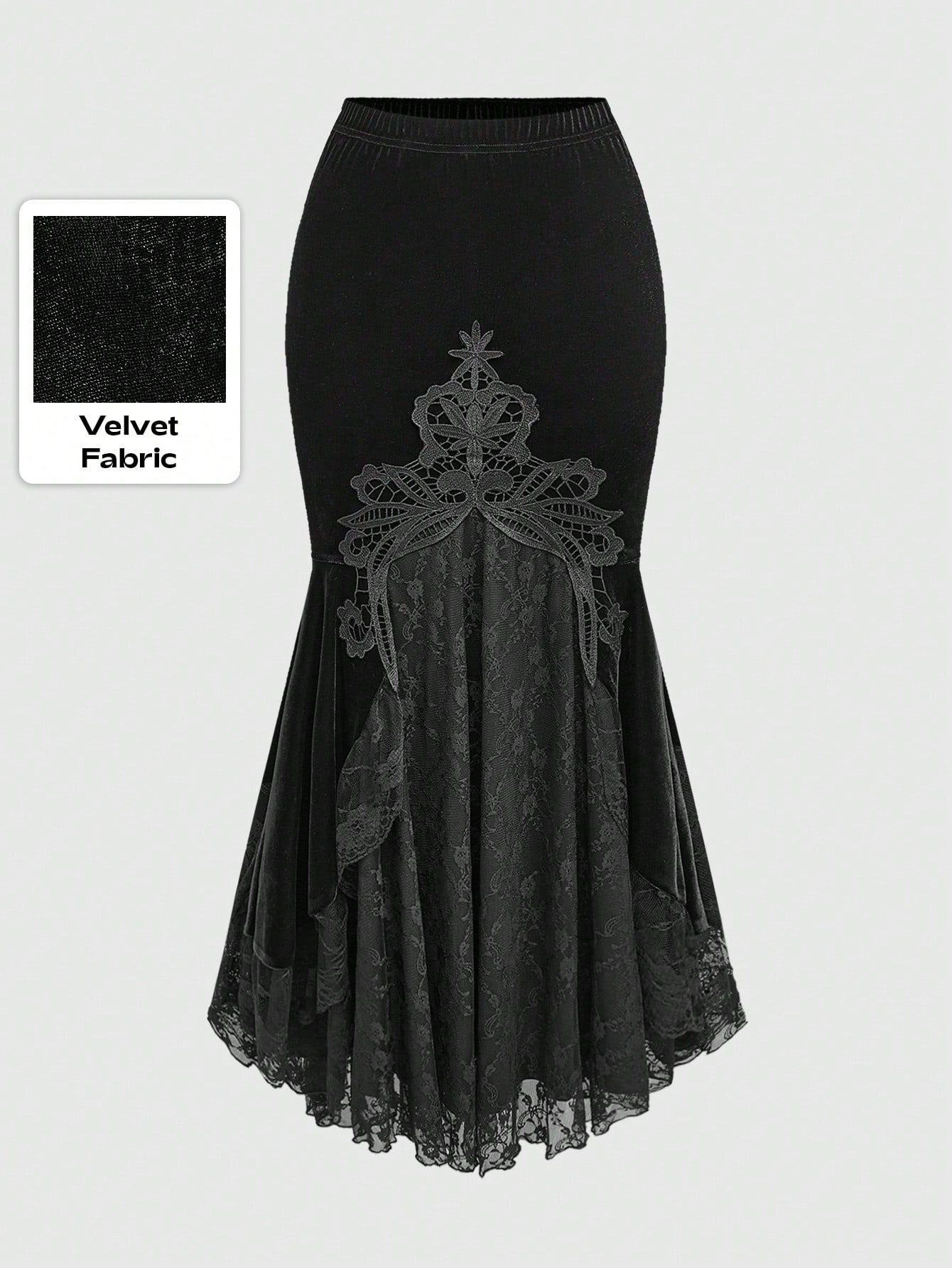 Goth Gothic Court Style Heavy-Embroidered Velvet And Contrast Lace Bodycon Maxi Skirt, Plus Size