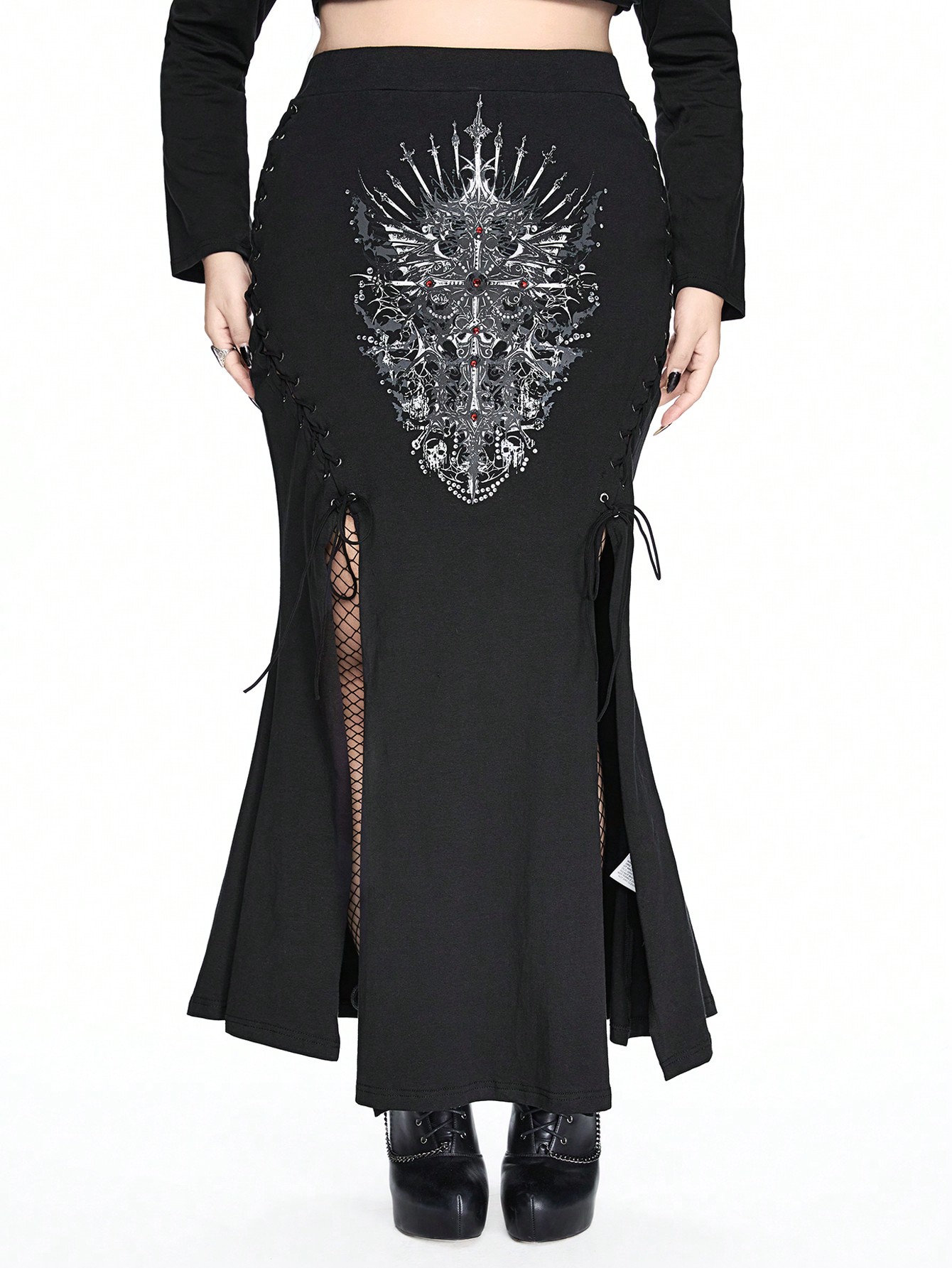 Goth Plus Size Sexy High Slit Side Hollow Out Tie Cross Graphic Rhinestone Bodycon Mini Skirt