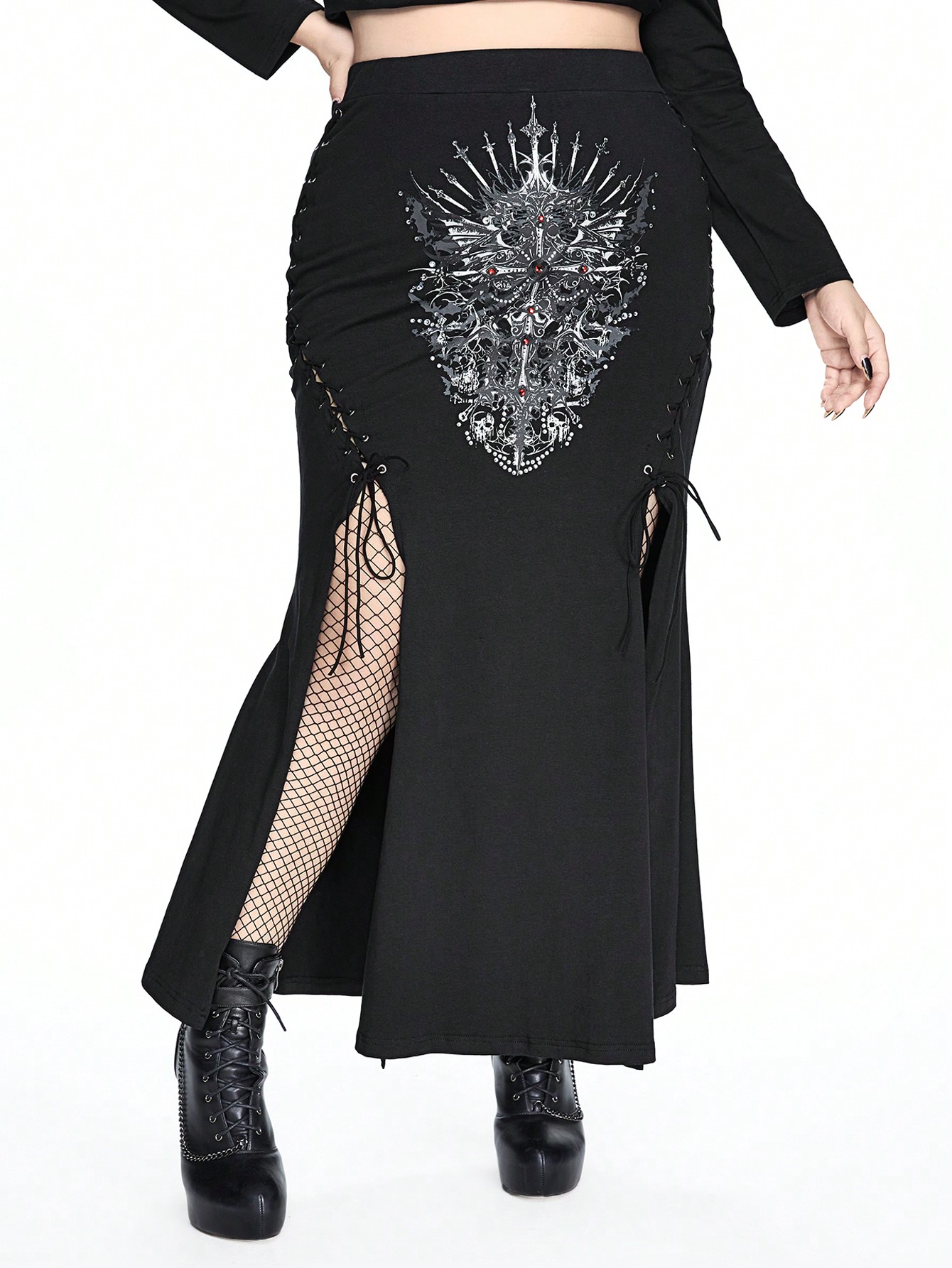 Goth Plus Size Sexy High Slit Side Hollow Out Tie Cross Graphic Rhinestone Bodycon Mini Skirt