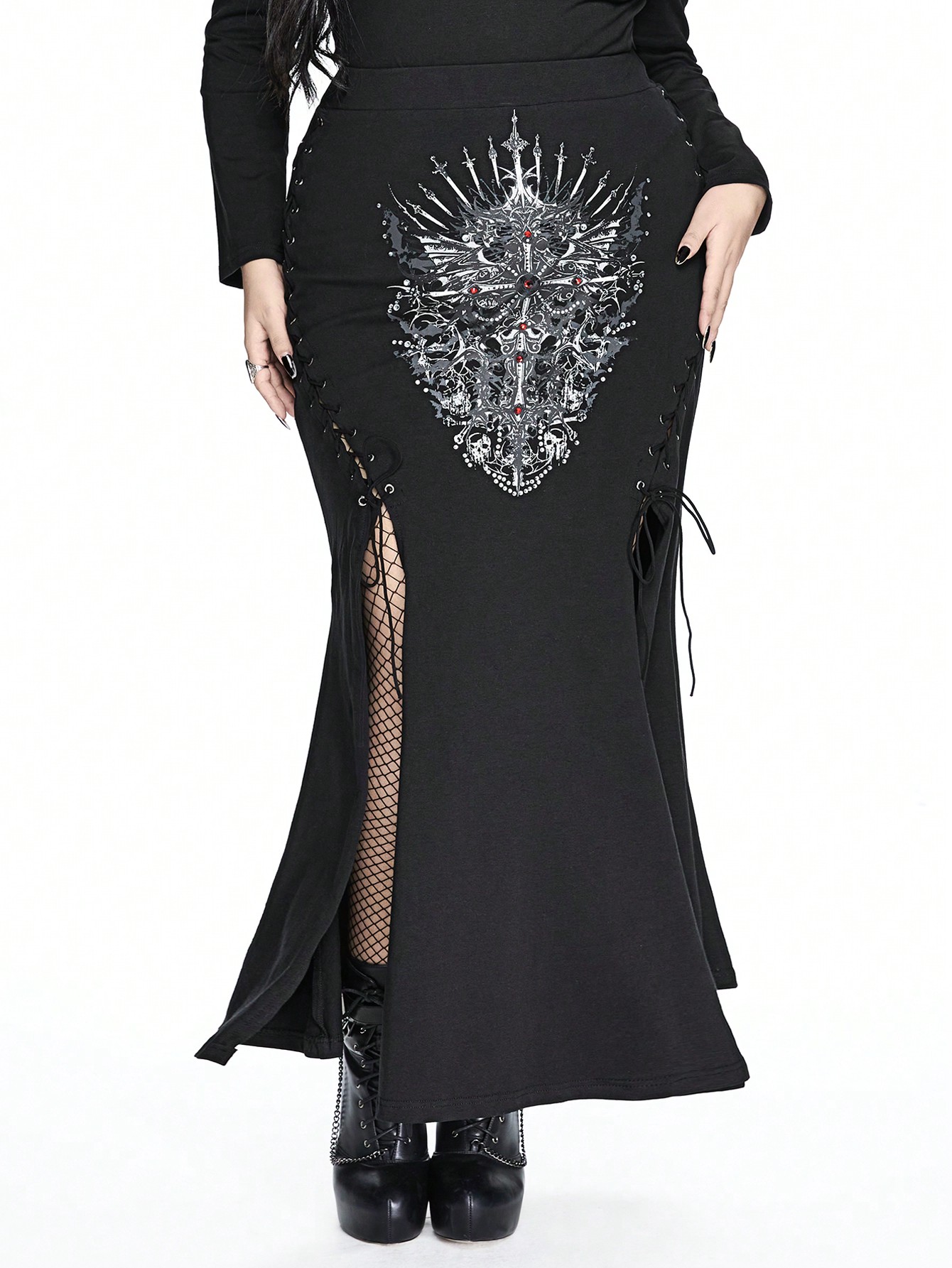 Goth Plus Size Sexy High Slit Side Hollow Out Tie Cross Graphic Rhinestone Bodycon Mini Skirt