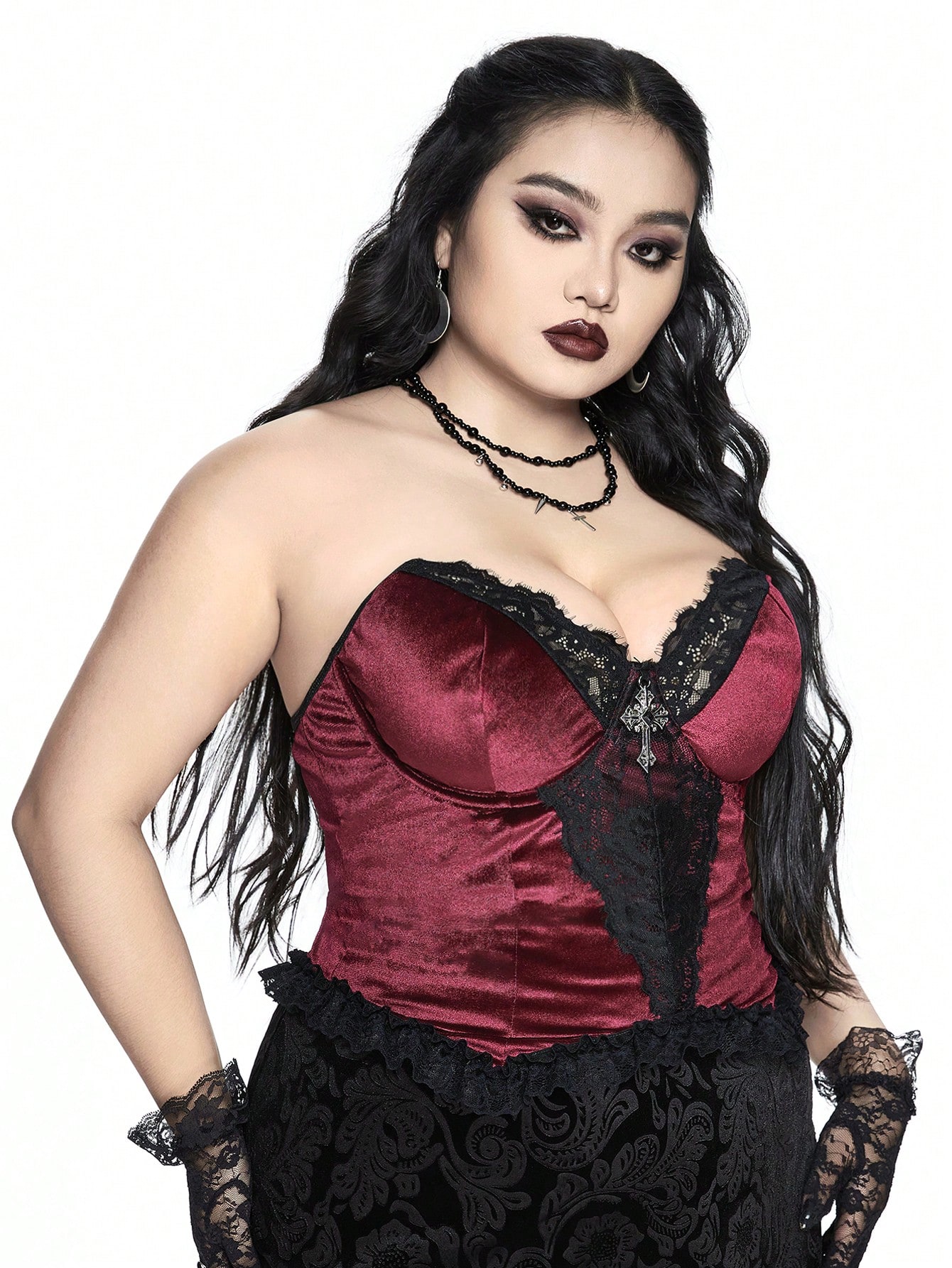 Goth Plus Size Women Sexy Lace & Velvet Patchwork Bandeau Top