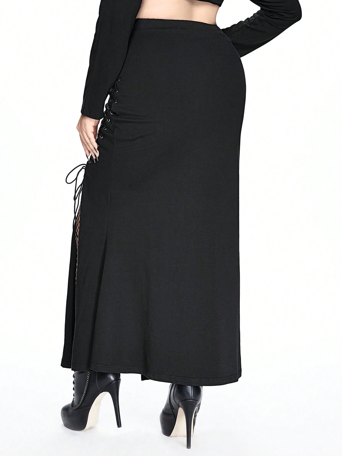 Goth Plus Size Sexy High Slit Side Hollow Out Tie Cross Graphic Rhinestone Bodycon Mini Skirt
