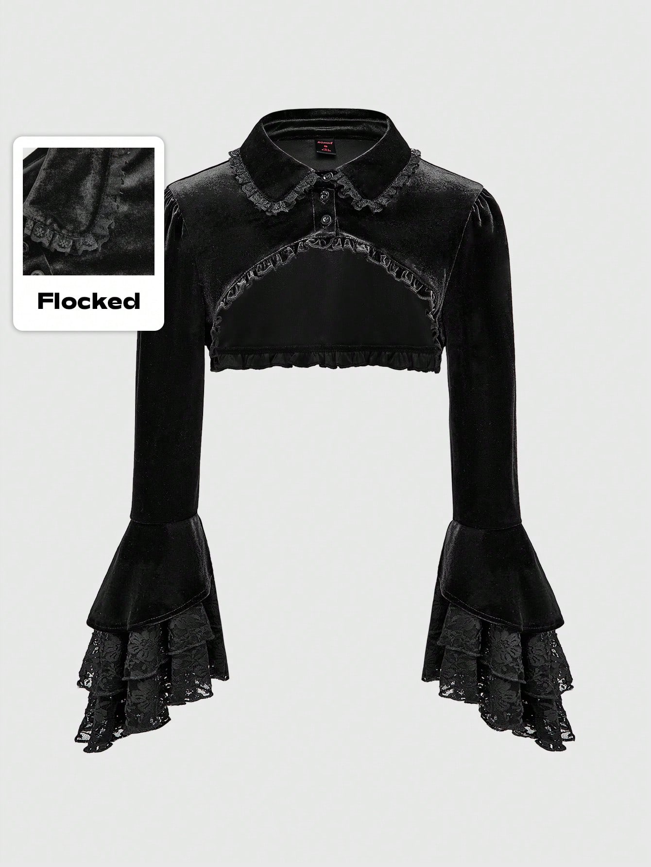 Goth Plus Size Vintage Velvet Gothic Style Contrast Lace Bell Sleeve Cropped Top, For Winter