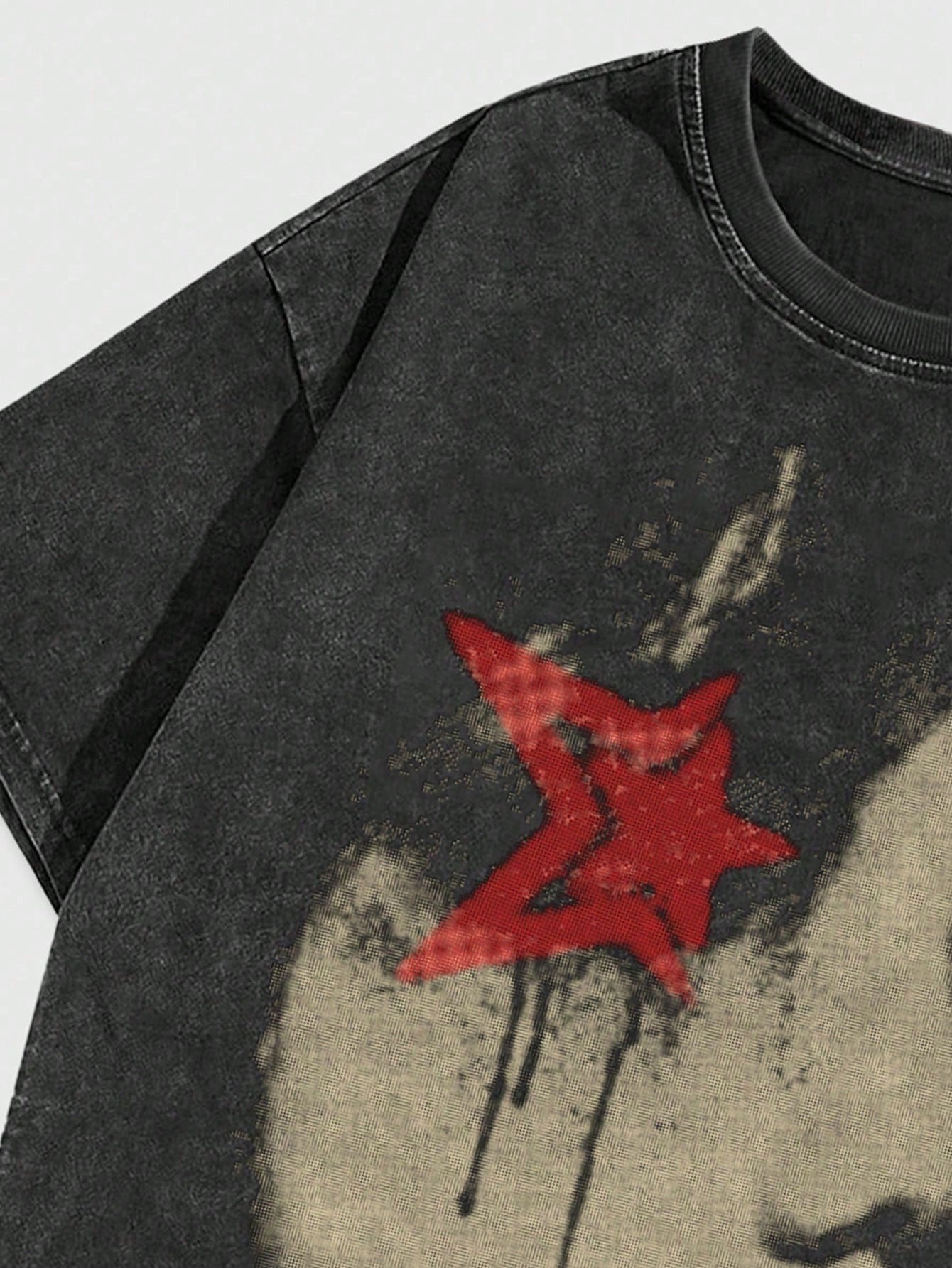 Street Life Men's Portrait Print Crinkle Dye Short Sleeve Y2k T-Shirt, Suitable For Daily Wear In Spring And Summer, School
