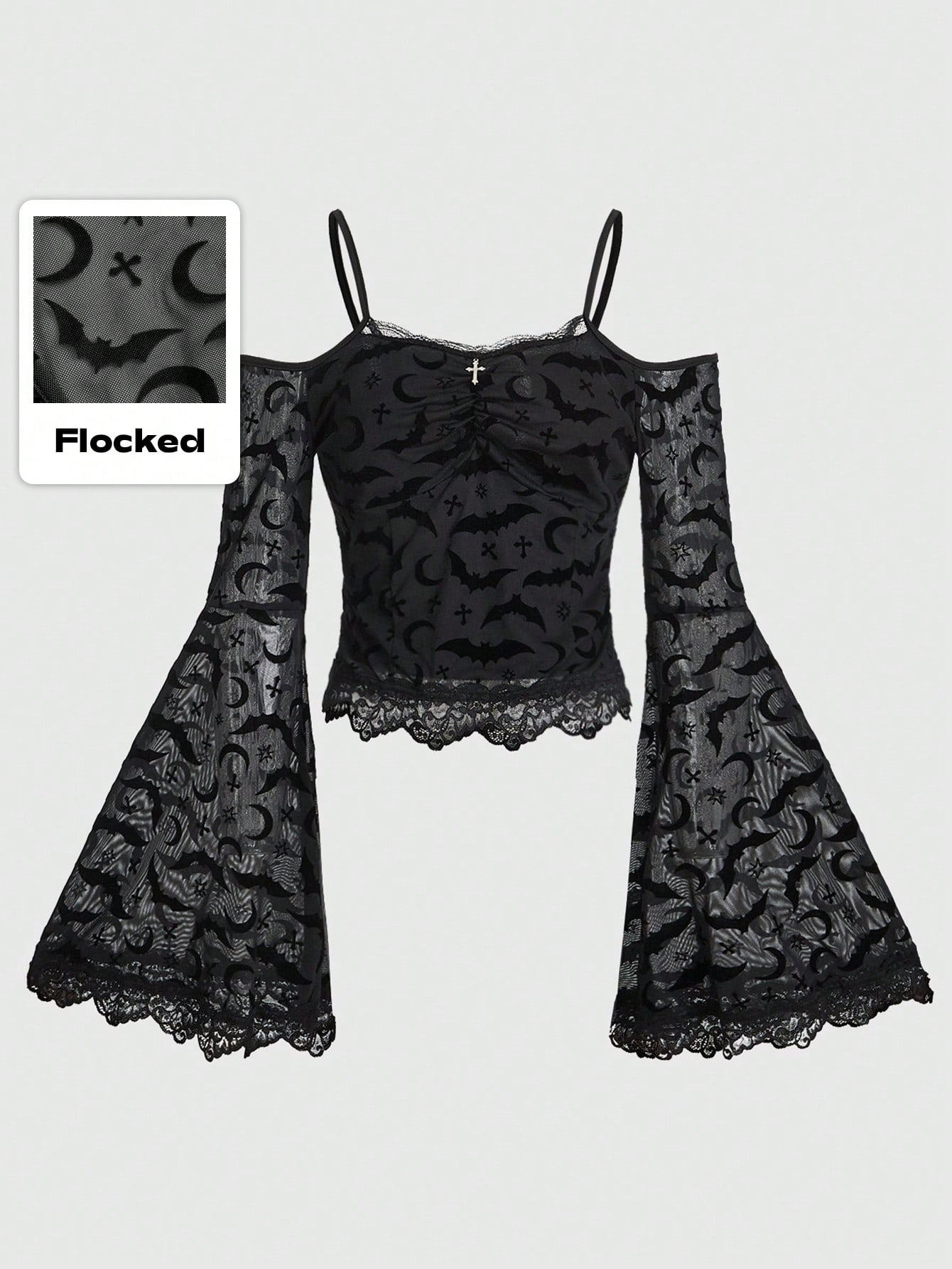 Goth Women's Gothic Flare Sleeve Off Shoulder Top With Lace, Velvet, Stars, Moons, Bats And Cross Applique