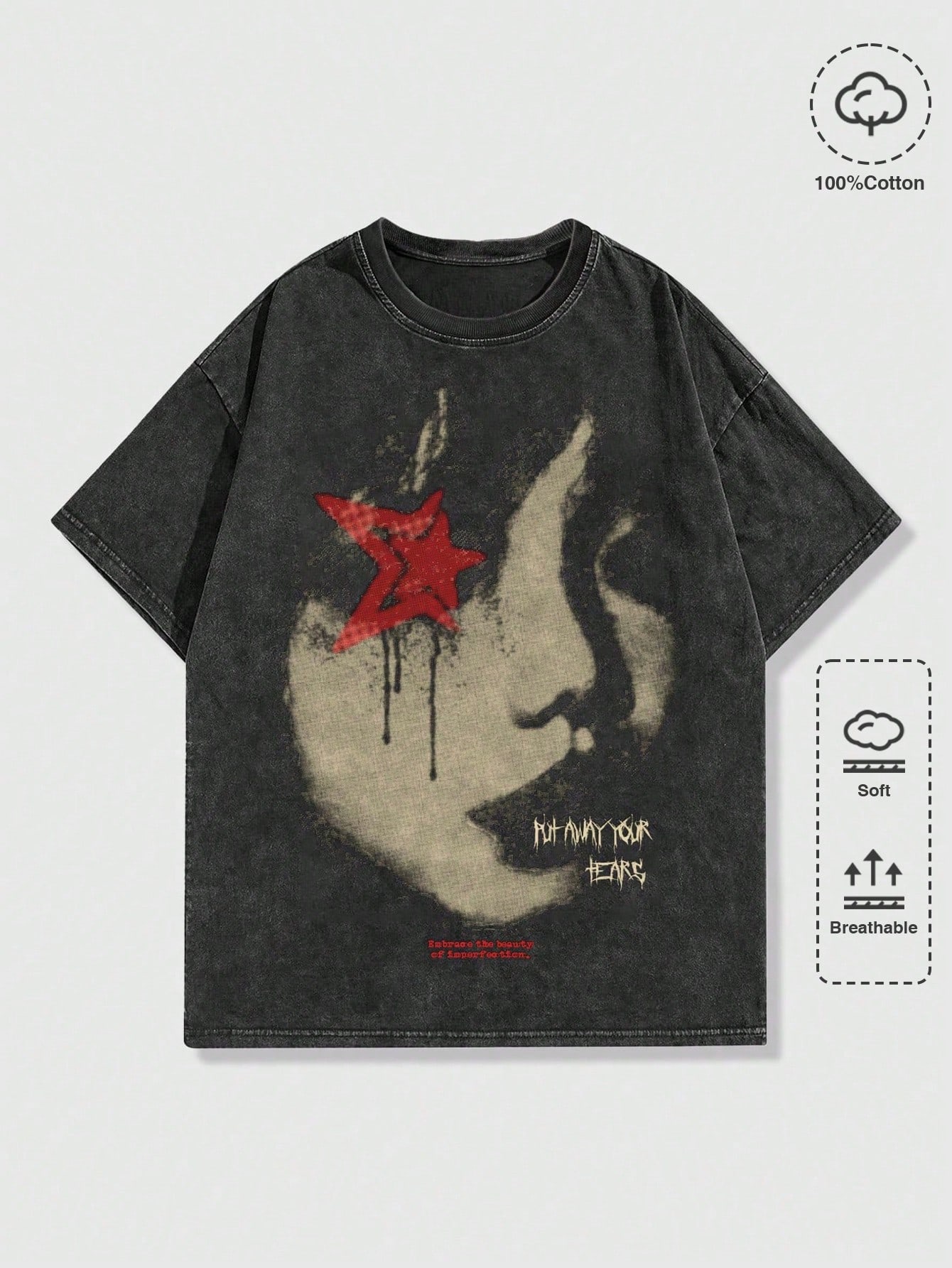 Street Life Men's Portrait Print Crinkle Dye Short Sleeve Y2k T-Shirt, Suitable For Daily Wear In Spring And Summer, School