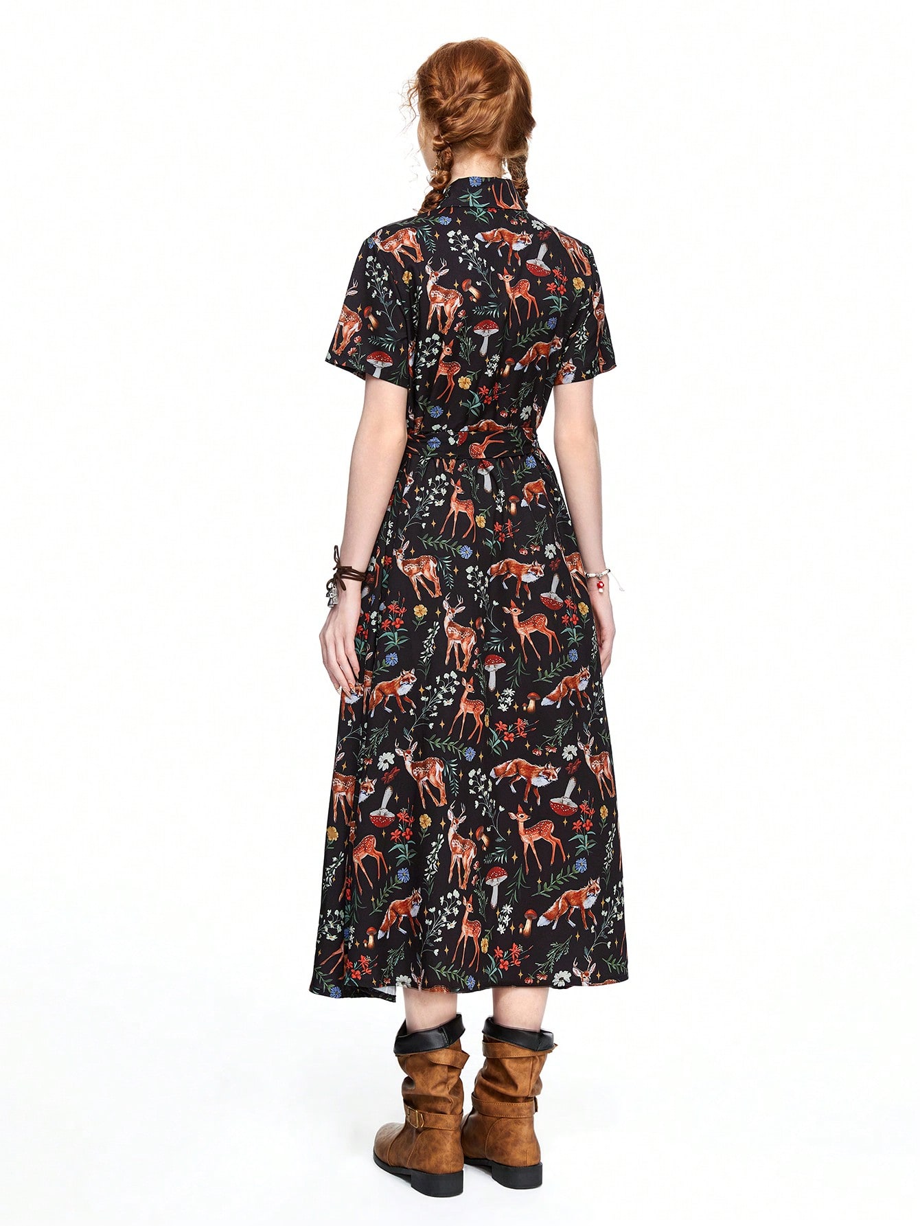 Fairycore Women's Vacation Style Animal & Floral Print Belted Shirt Dress