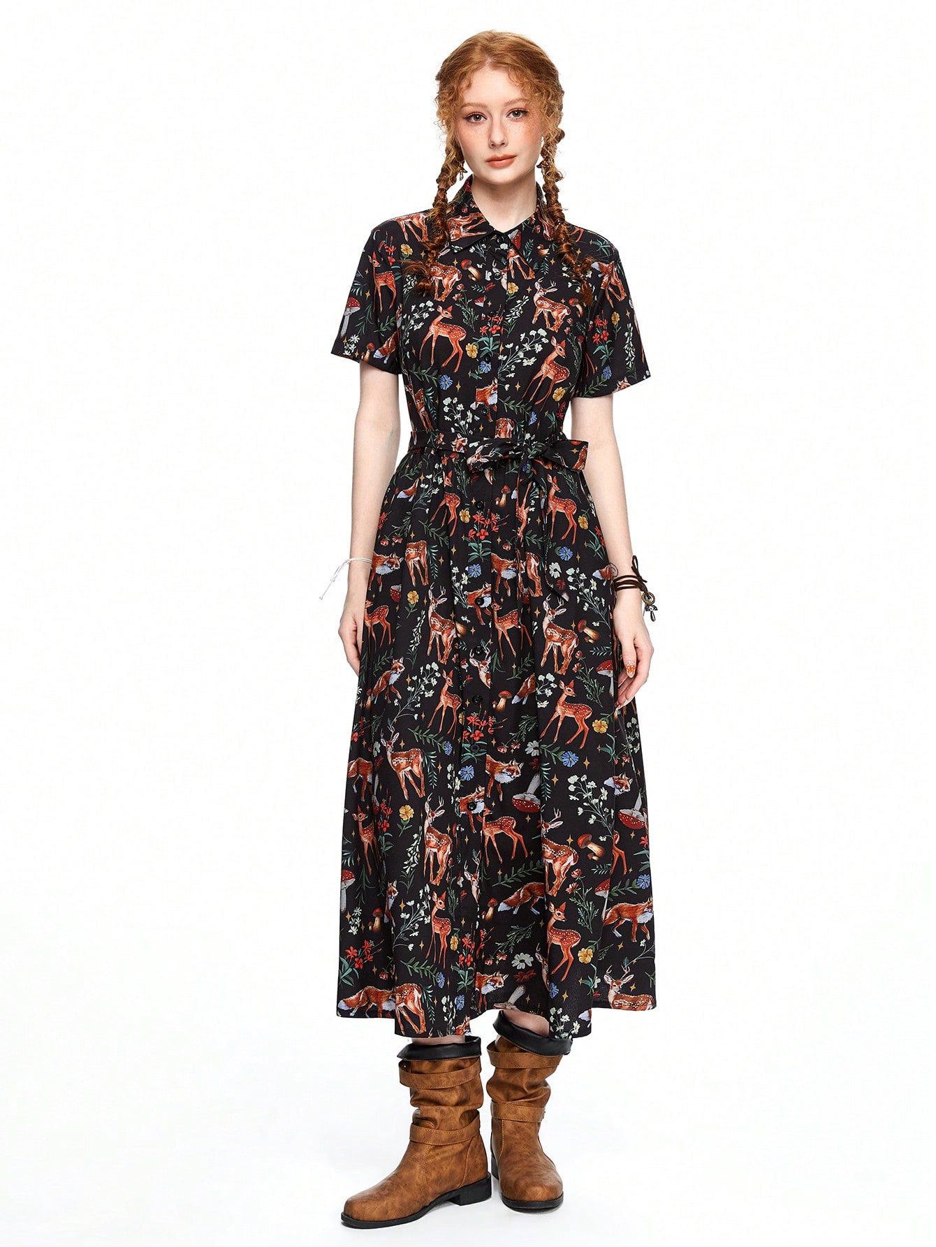 Fairycore Women's Vacation Style Animal & Floral Print Belted Shirt Dress