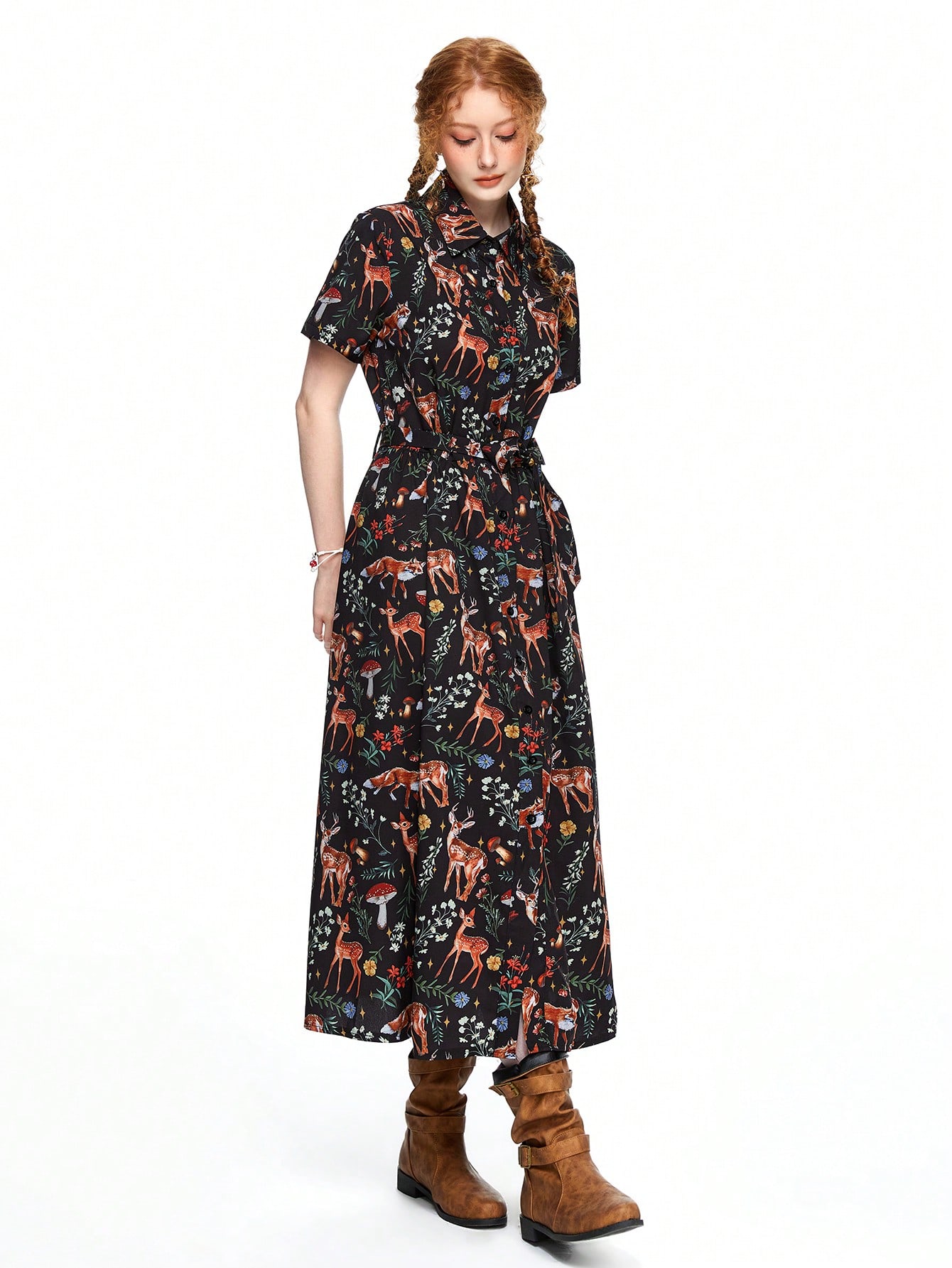 Fairycore Women's Vacation Style Animal & Floral Print Belted Shirt Dress