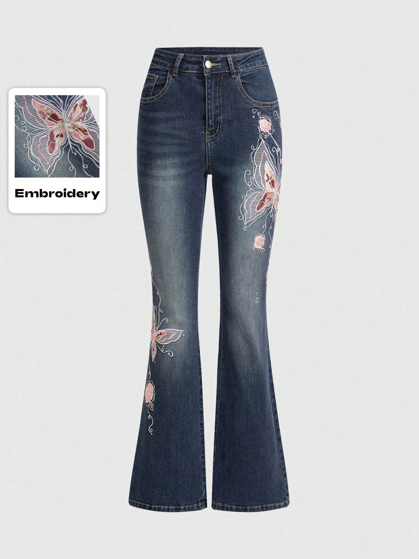 Goth Vintage Y2K Butterfly Rose Jacquard Embroidered Women Low Waist Slim Fit Flare Denim Jeans, School
