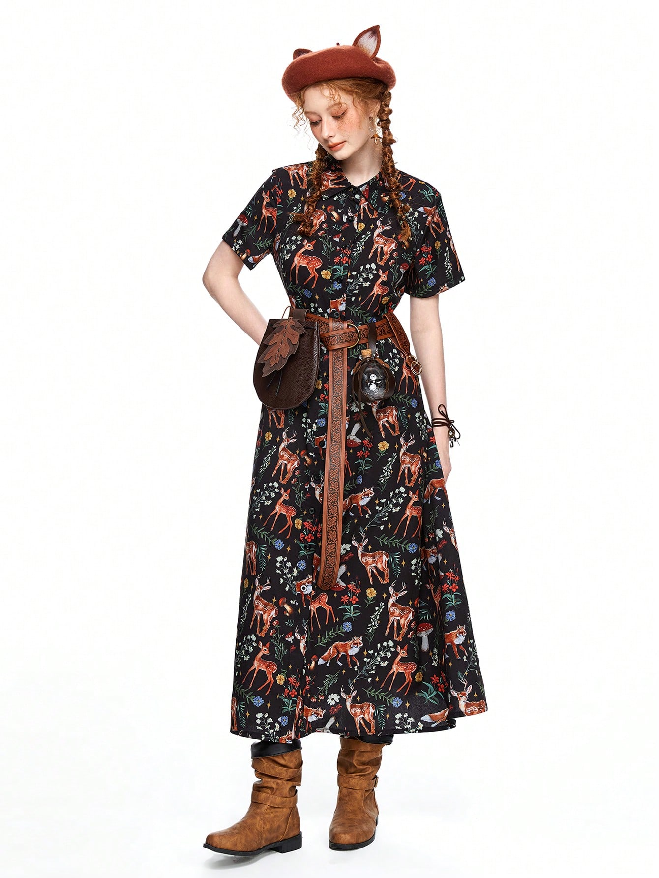 Fairycore Women's Vacation Style Animal & Floral Print Belted Shirt Dress