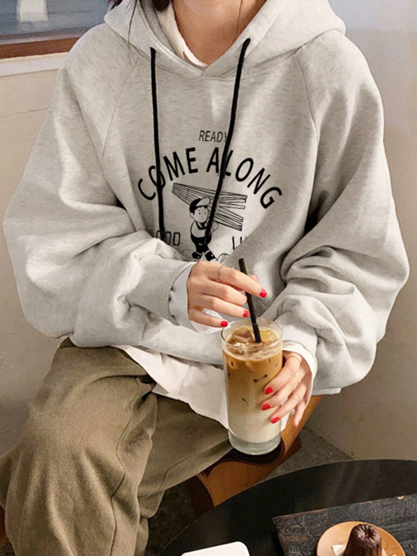 Women's Letter Print Hooded Loose Fleece Sweatshirt With Large Pockets