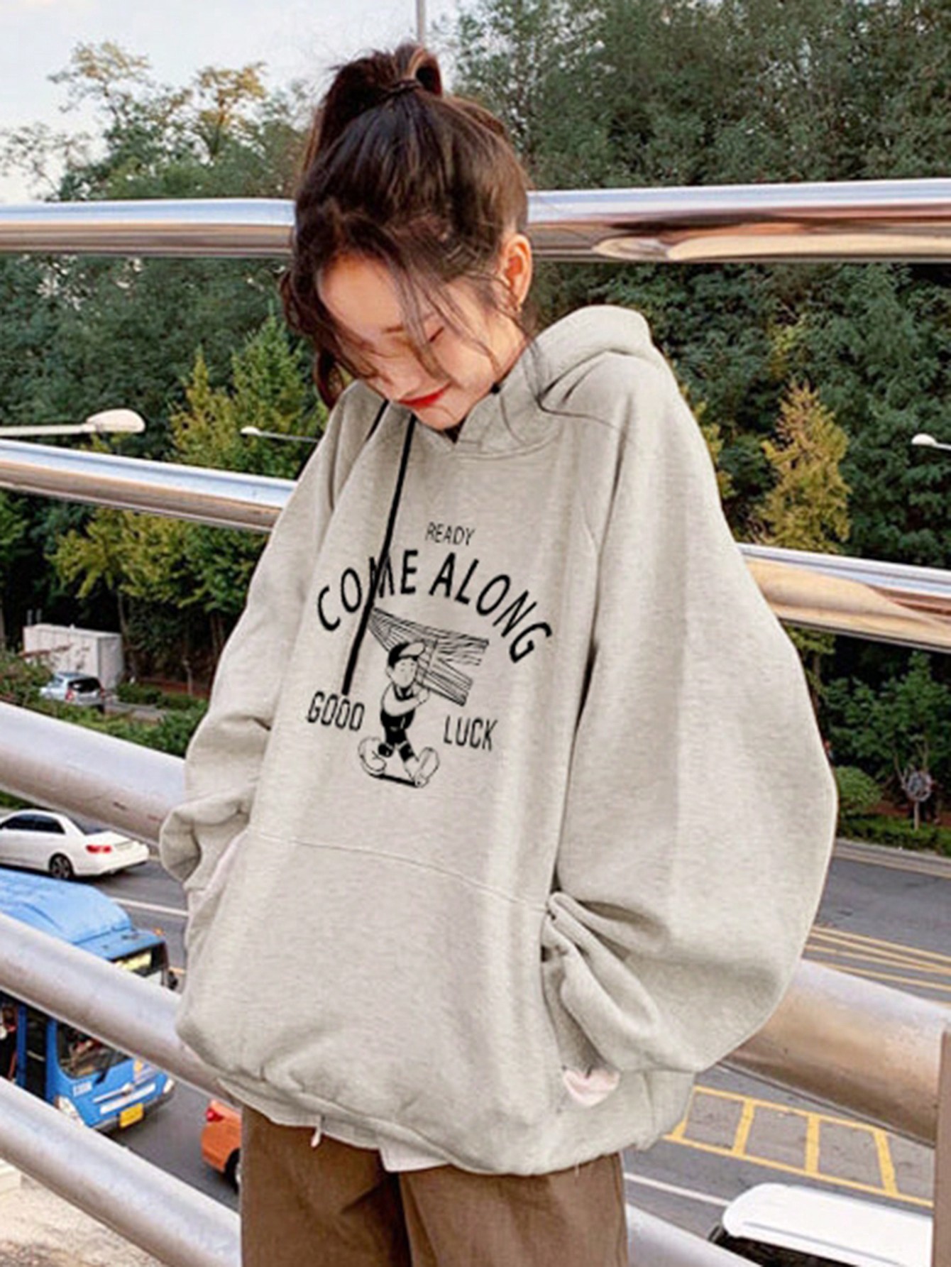 Women's Letter Print Hooded Loose Fleece Sweatshirt With Large Pockets