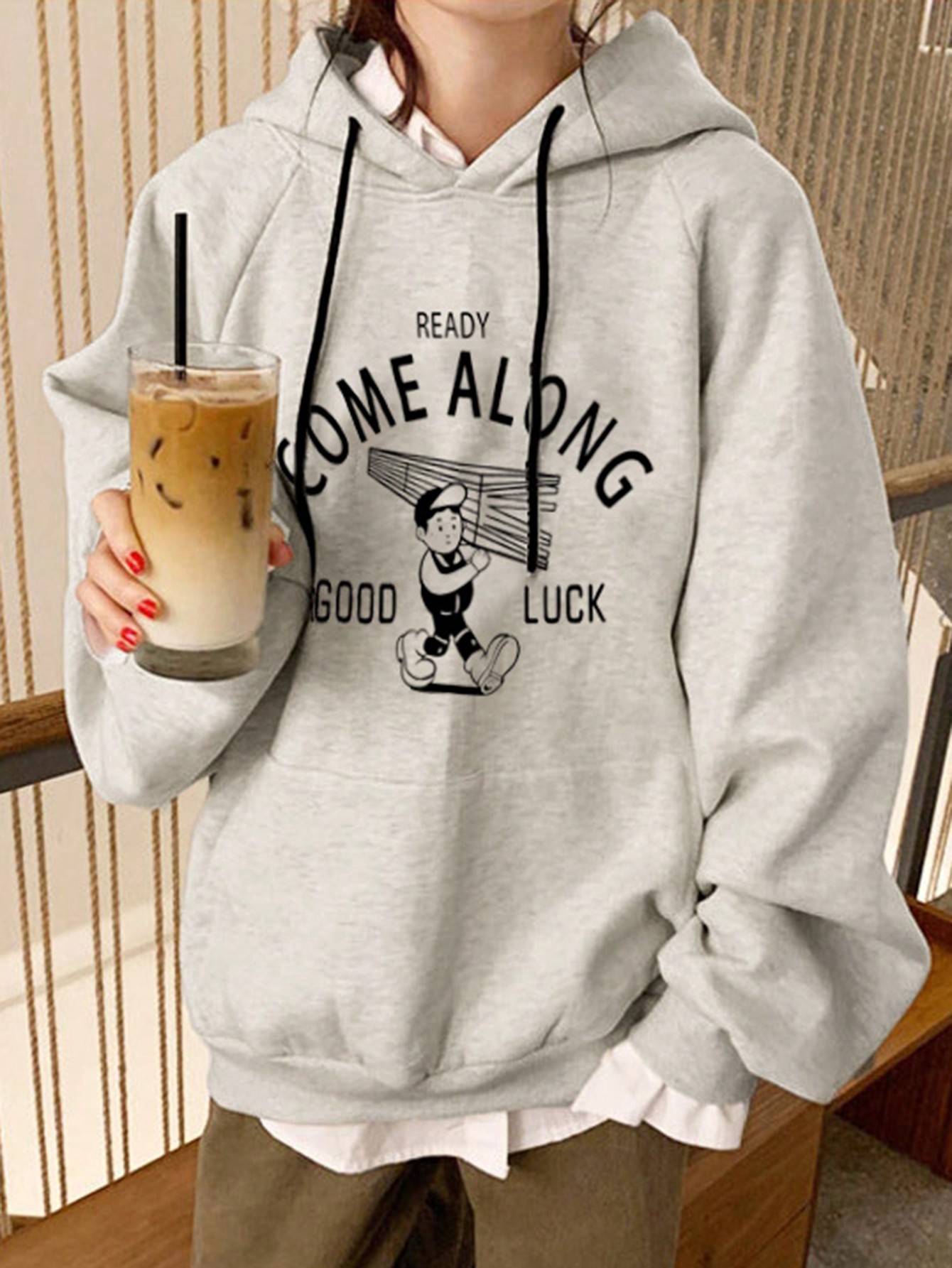 Women's Letter Print Hooded Loose Fleece Sweatshirt With Large Pockets