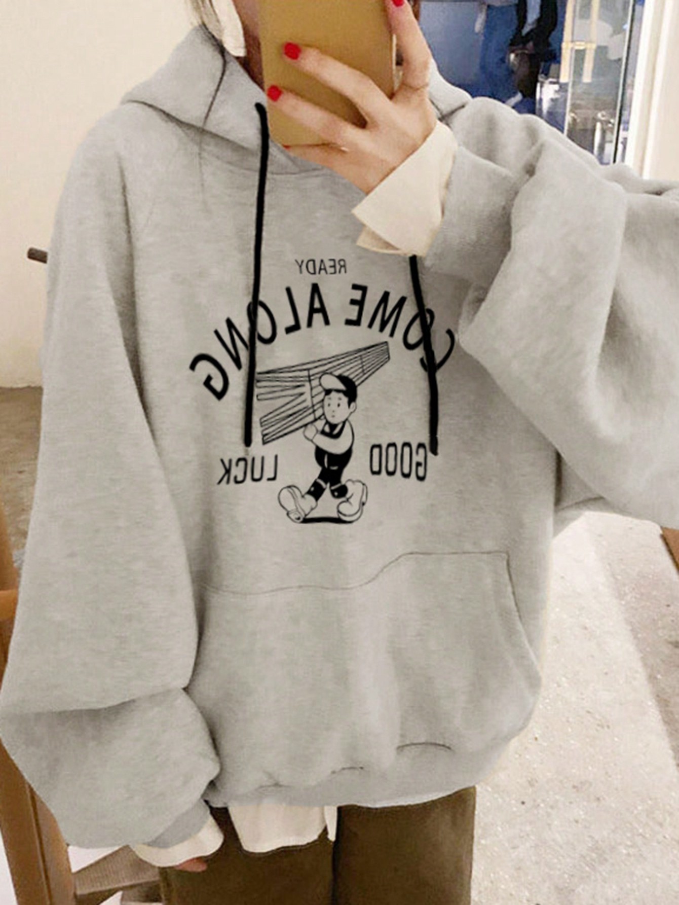 Women's Letter Print Hooded Loose Fleece Sweatshirt With Large Pockets
