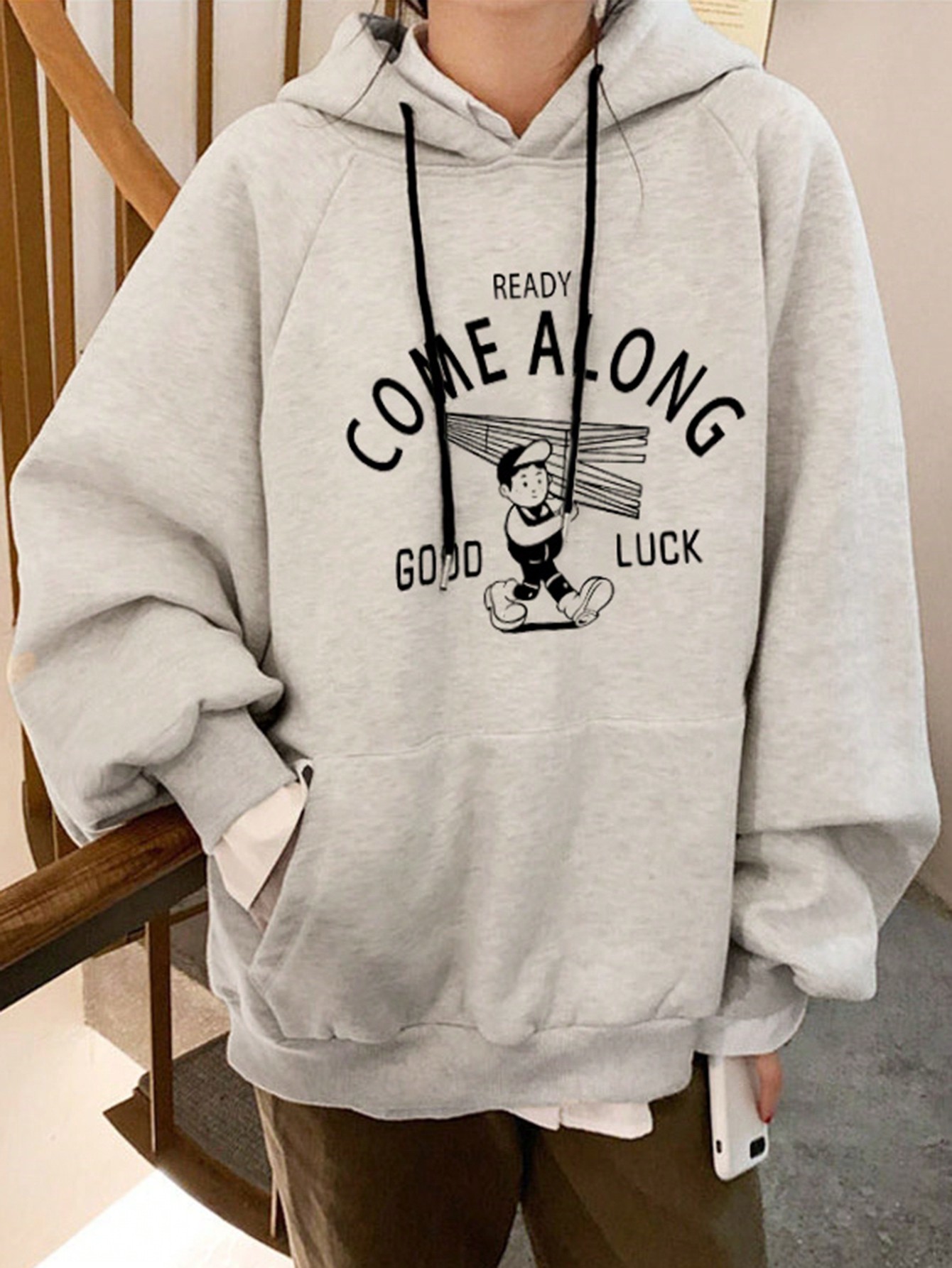 Women's Letter Print Hooded Loose Fleece Sweatshirt With Large Pockets