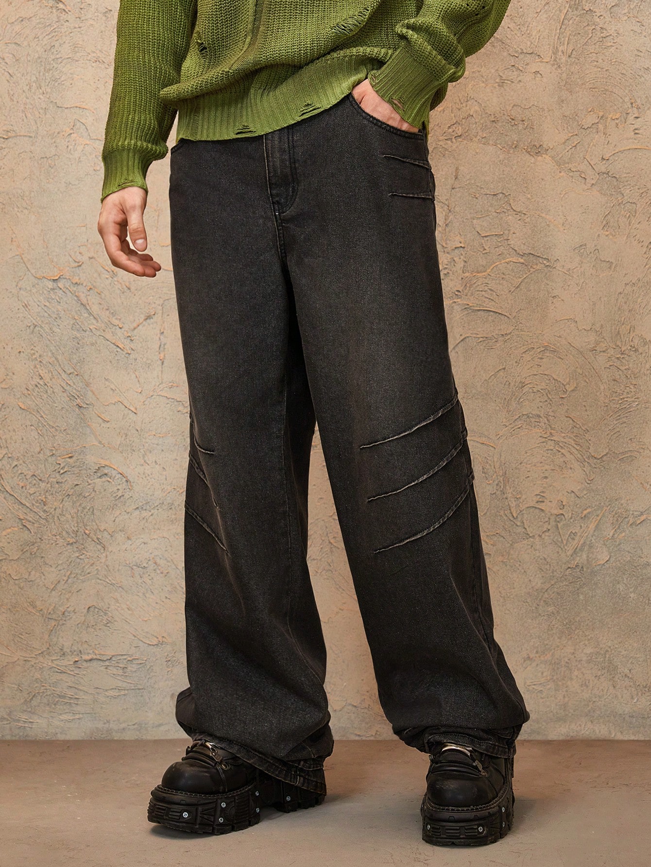 Grunge Punk Men's Casual Loose Straight Washed Denim Jeans