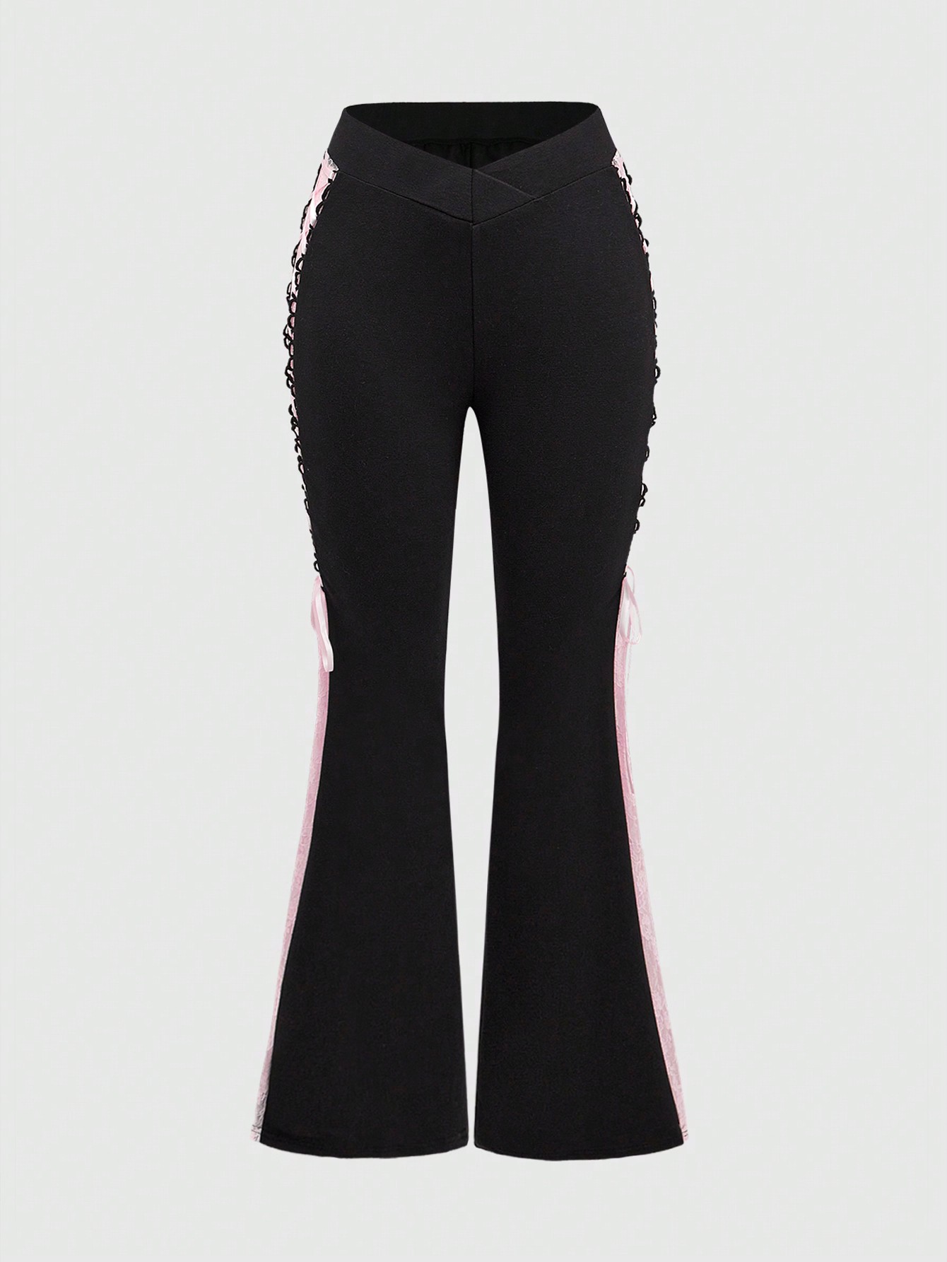 Kawaii Women's Low Waist Pink Lace Side Slit Bow Flared Pants