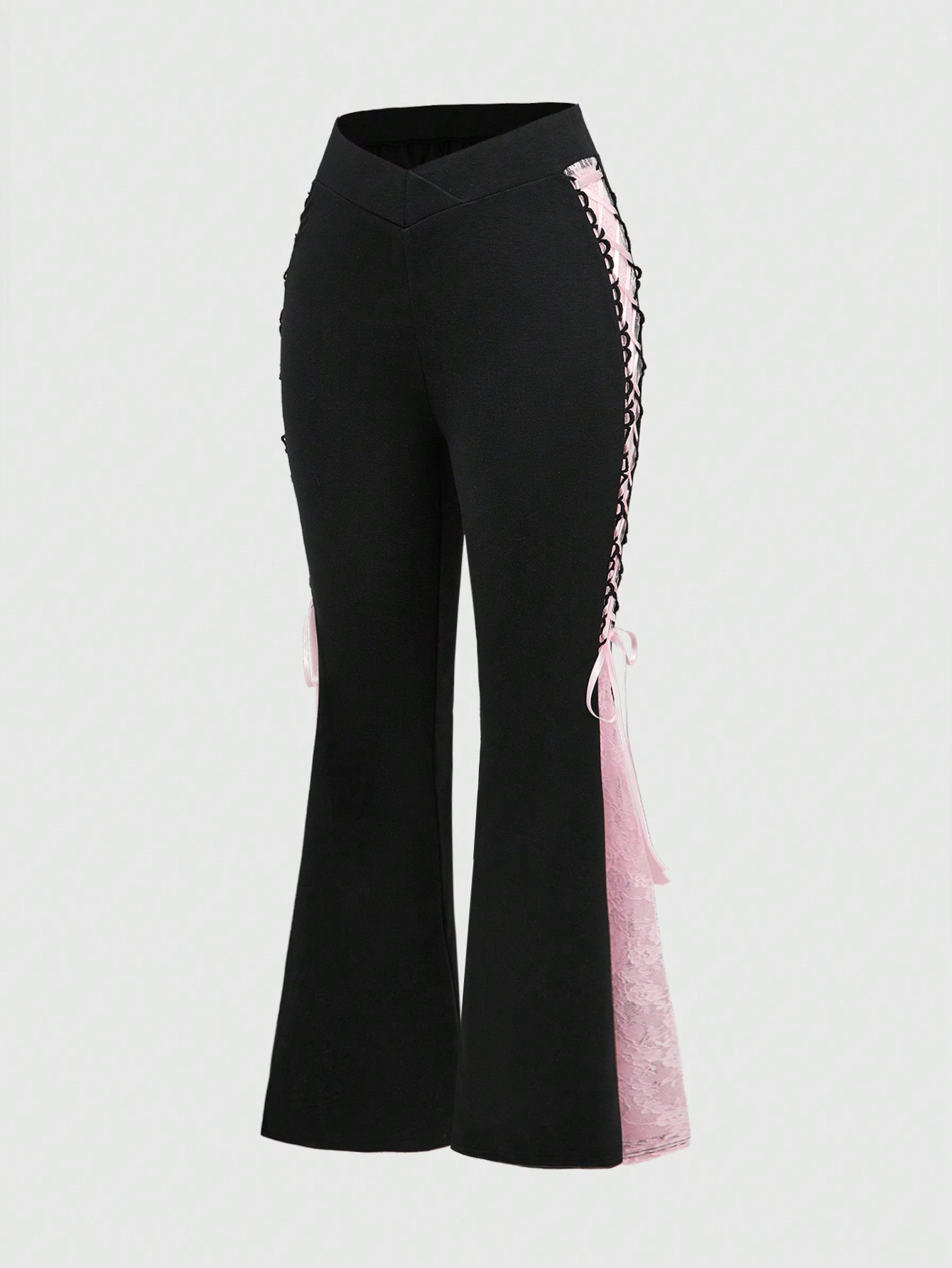 Kawaii Women's Low Waist Pink Lace Side Slit Bow Flared Pants