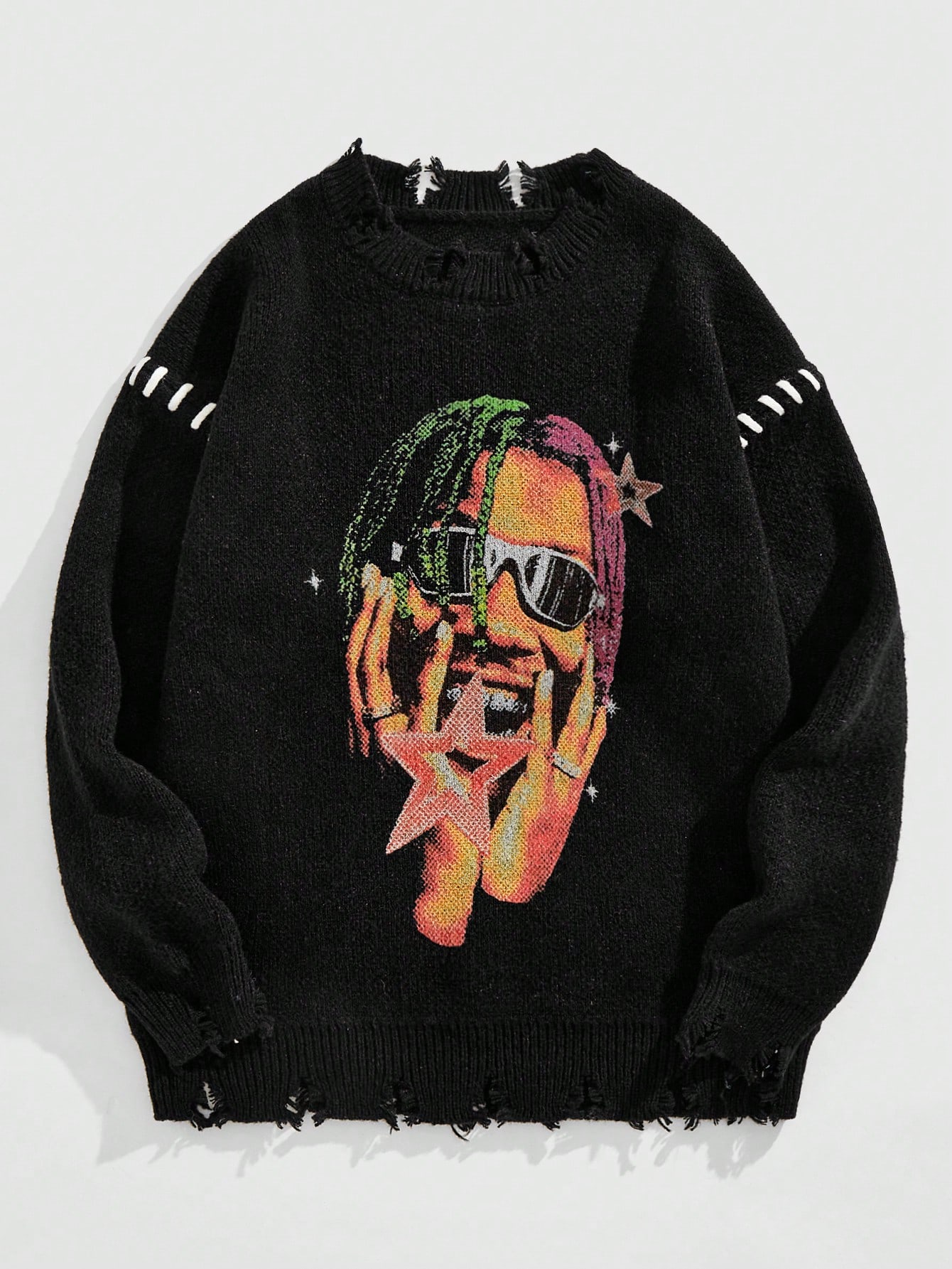 Street Life Men's Portrait Print Ripped Casual Long Sleeve Pullover Sweater