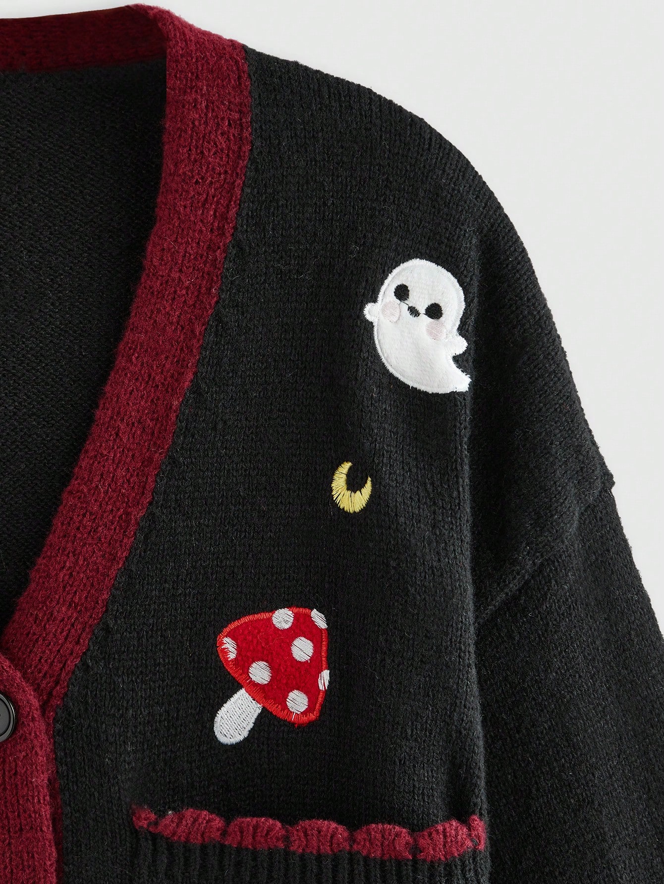 Goth Eerie Kawaii Cute Ghost Mushroom Moon Embroidered Women Cardigan Sweater