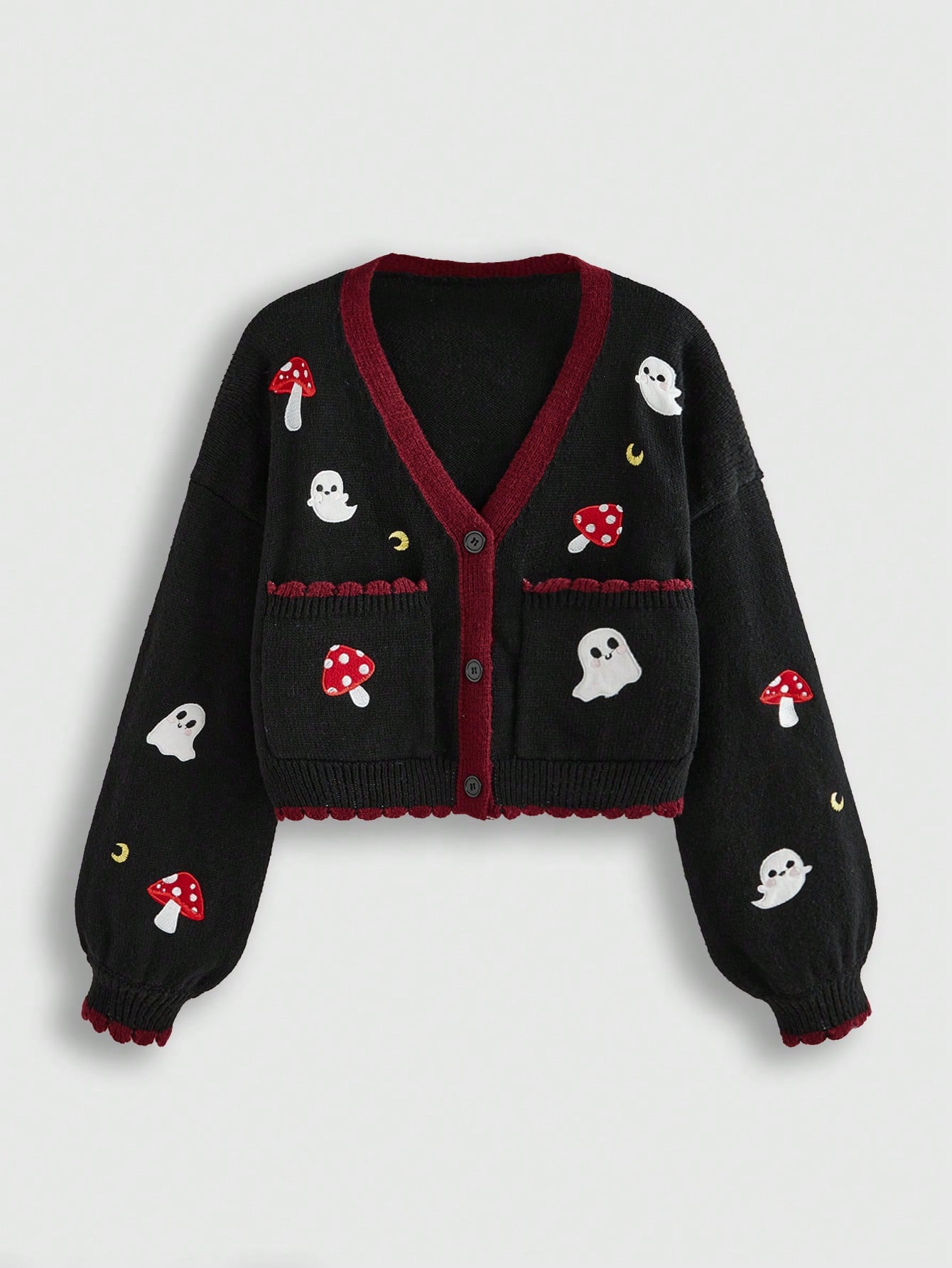 Goth Eerie Kawaii Cute Ghost Mushroom Moon Embroidered Women Cardigan Sweater