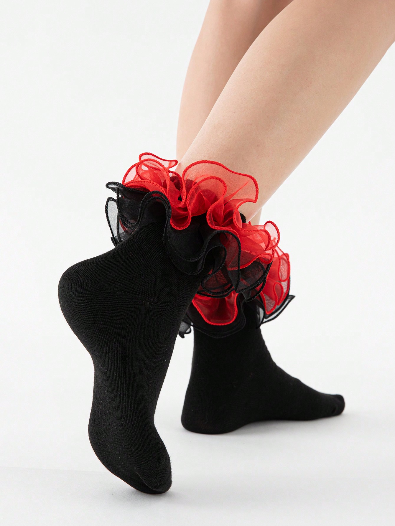 Women's Contrast Color Patchwork Minimalist Lace Trim Mid-Calf Socks, Casual Everyday