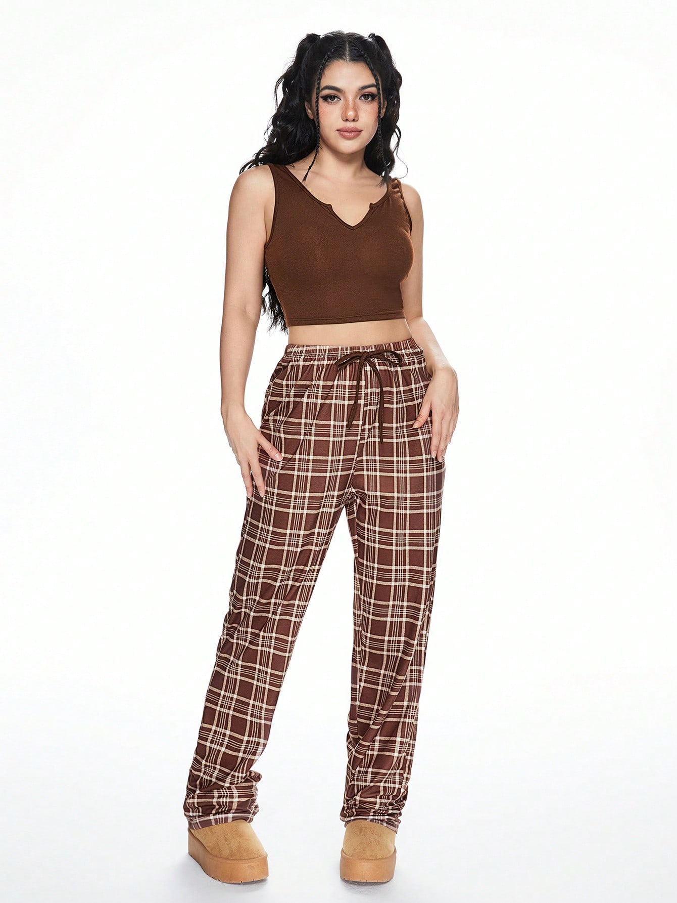 Campus Casual Comfy Plaid Camisole Pajama Set