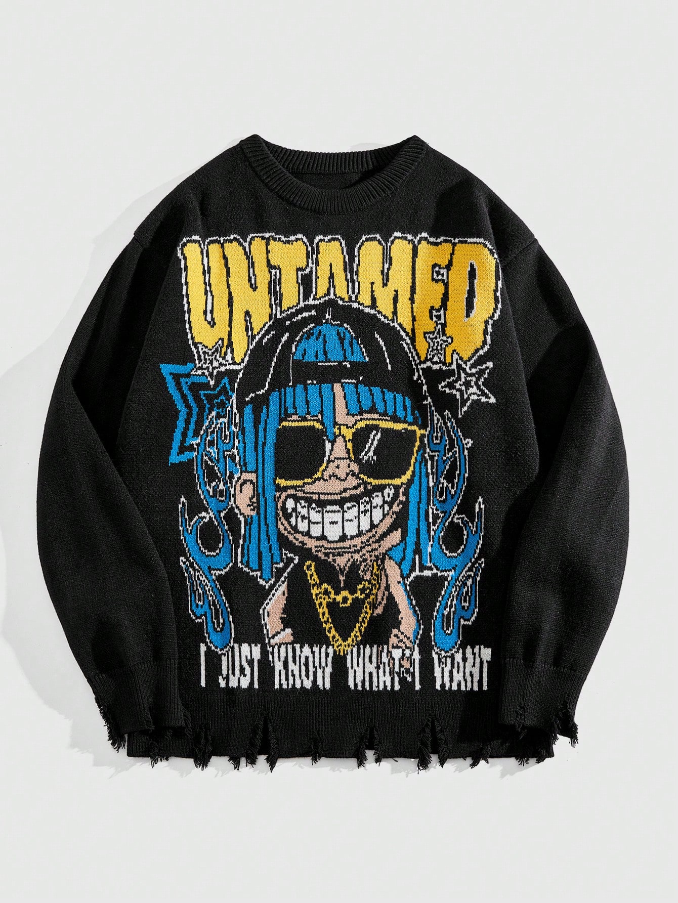 Street Life Crew Neck Hip Hop Character Intarsia Knit Pullover Sweater For Men