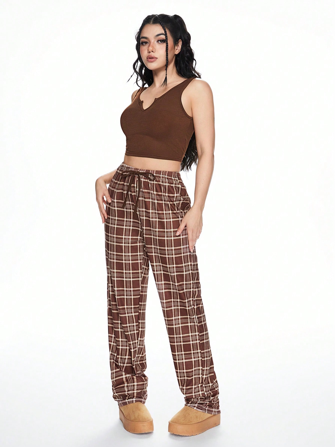 Campus Casual Comfy Plaid Camisole Pajama Set