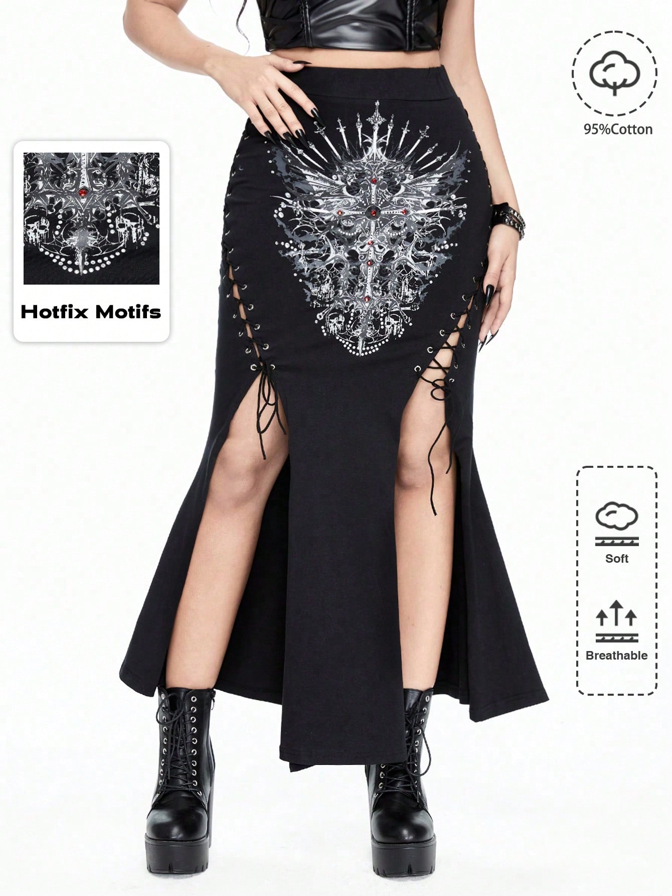 Goth Sexy Lace-Up Cross Print Rhinestone Embellished High Slit Bodycon Skirt For Women