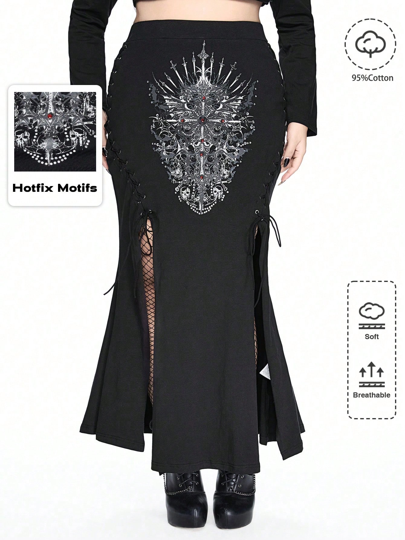 Goth Plus Size Sexy High Slit Side Hollow Out Tie Cross Graphic Rhinestone Bodycon Mini Skirt