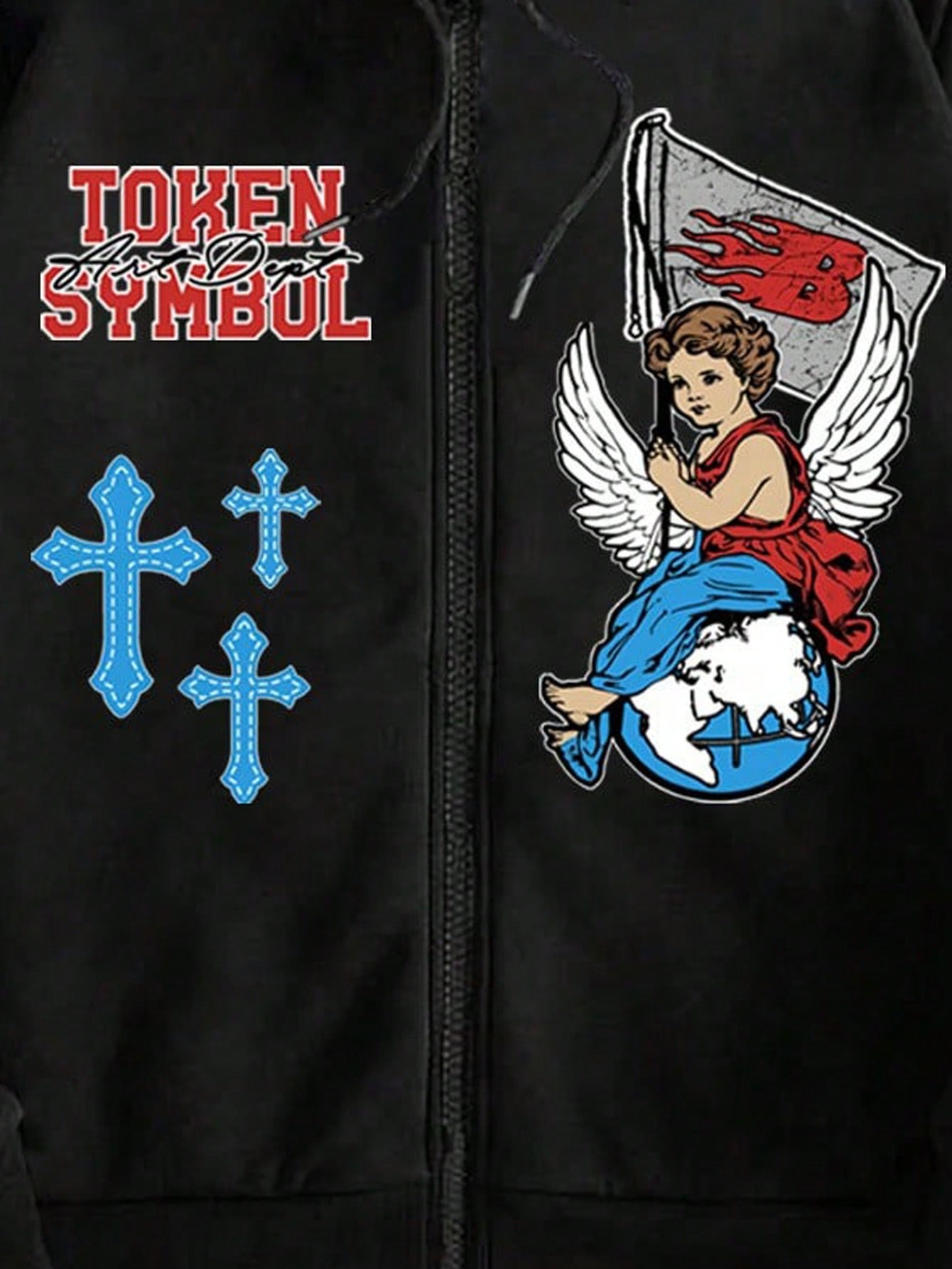 Street Life Letter & Angel Print Hooded Zip-Up Long Sleeve Sweatshirt For Men
