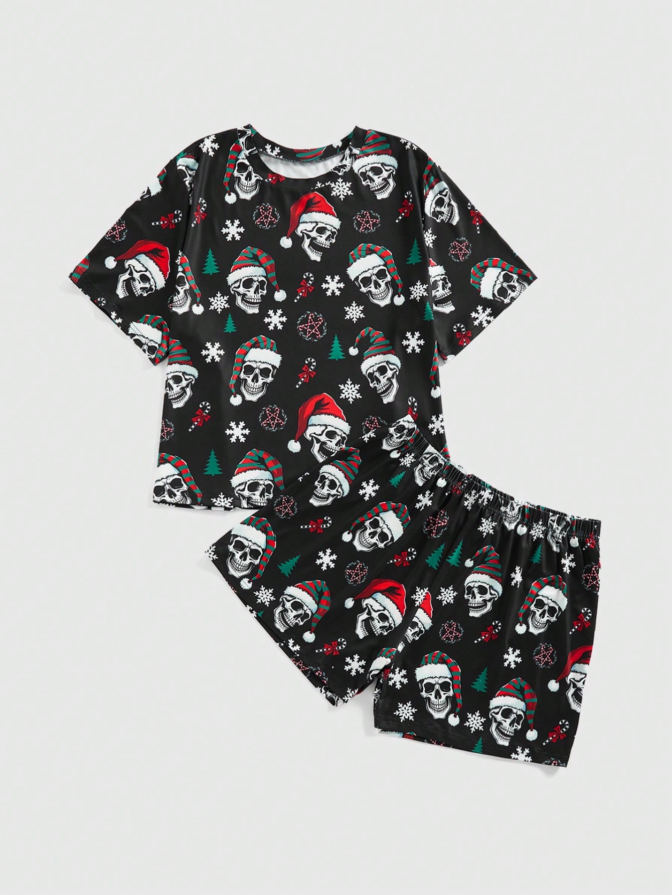 Plus Size Dark Gothic Christmas Skeleton Knit Pajama Set With Shorts & Short Sleeve Top, Comfortable Casual