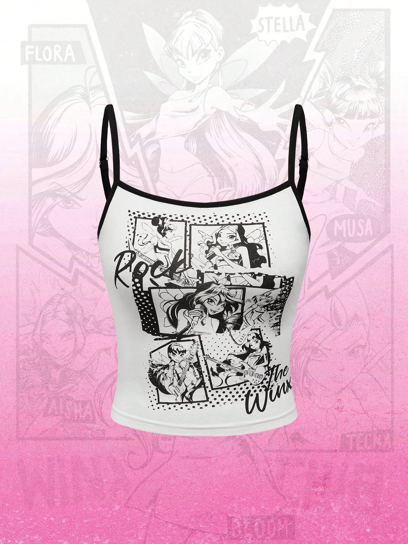 Winx Club X ROMWE Women's Cartoon Print Ringer Slim Fit Crop Cami Top, Summer