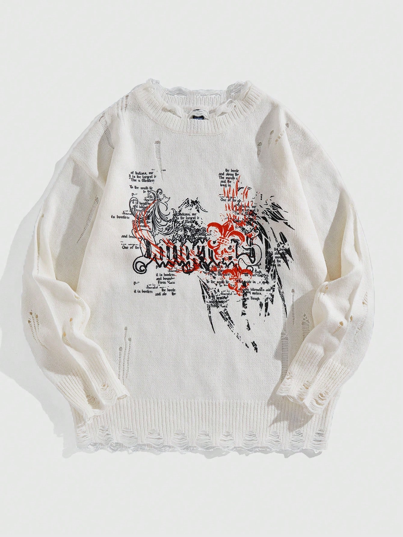 Men Casual Street Style Slogan Graphic Dropped Shoulder Loose Distressed White Pullover Sweater