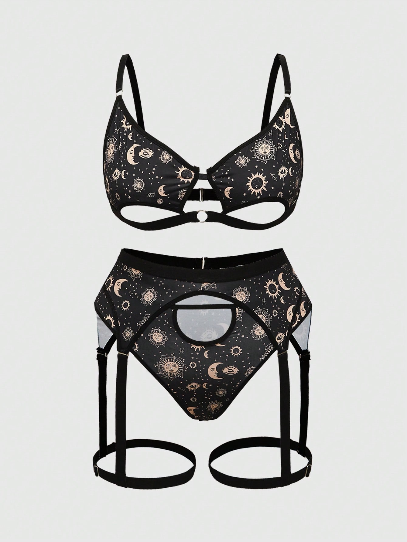 Hippie 3pcs/Set Plus Size Sun Moon Star Print Hollow Bra, Thong And Garter, Lingerie Set